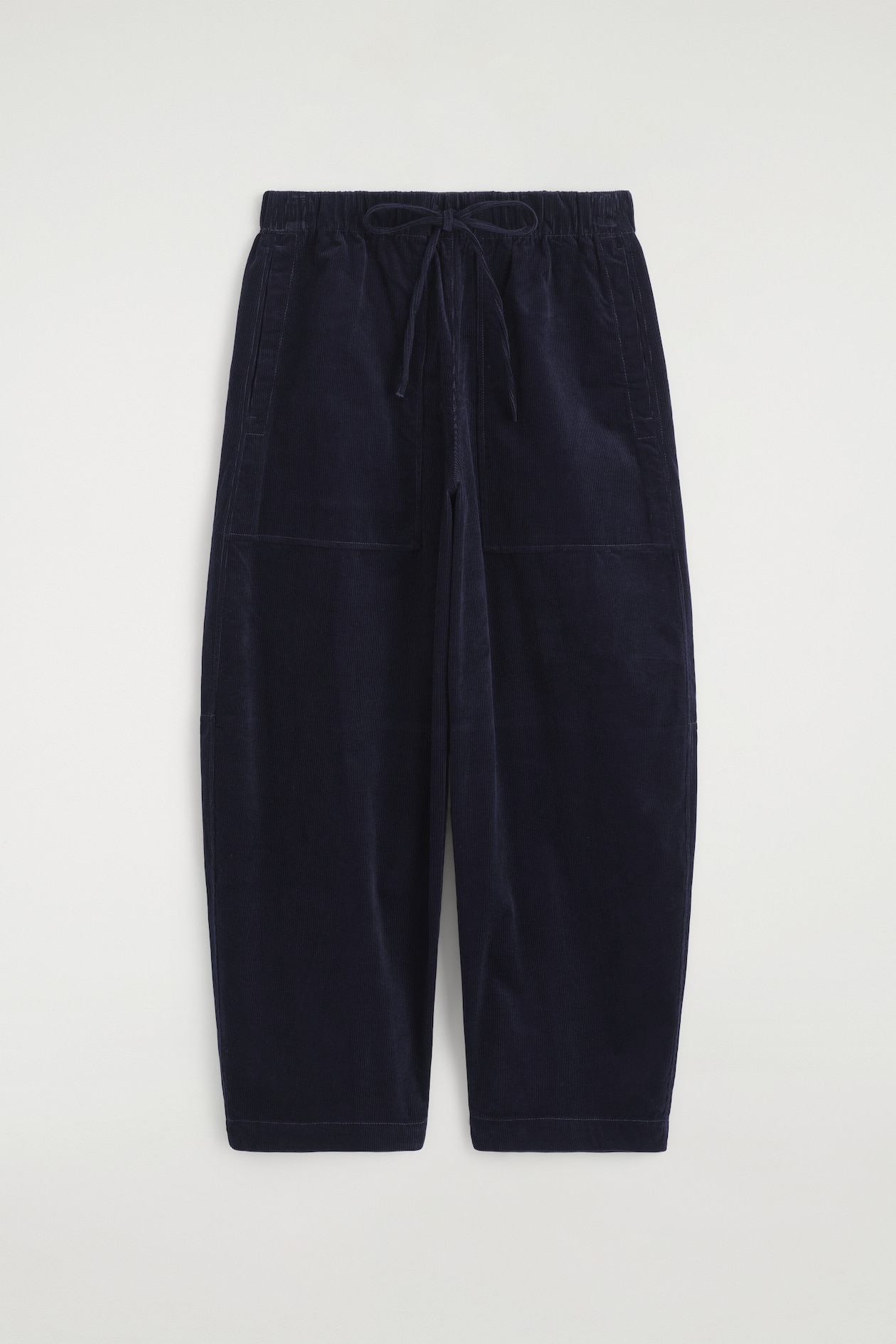 CORDUROY BARREL-LEG DRAWSTRING PANTS — NAVY