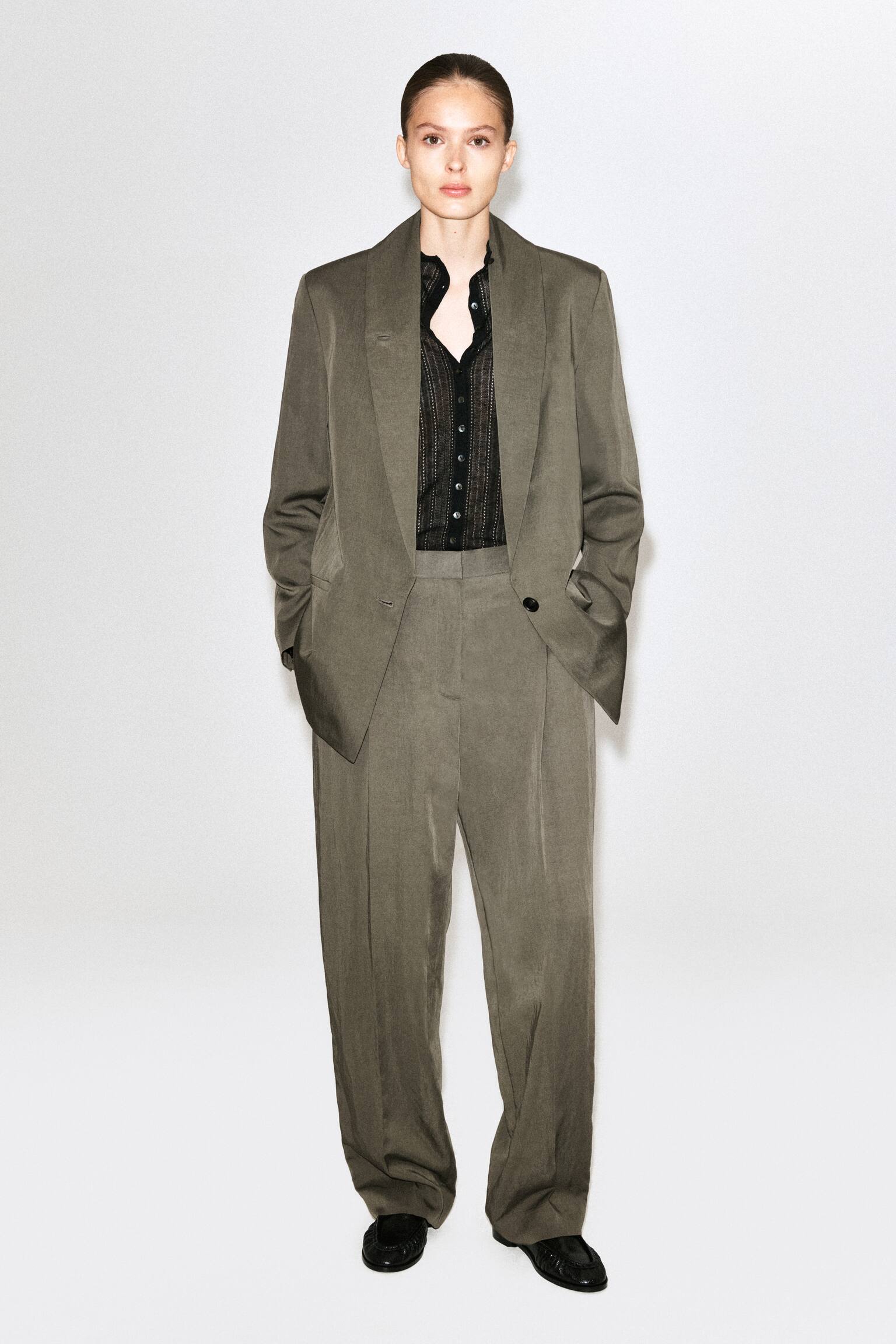 FLUID PLEATED STRAIGHT-LEG TROUSERS - בז' כהה - 1