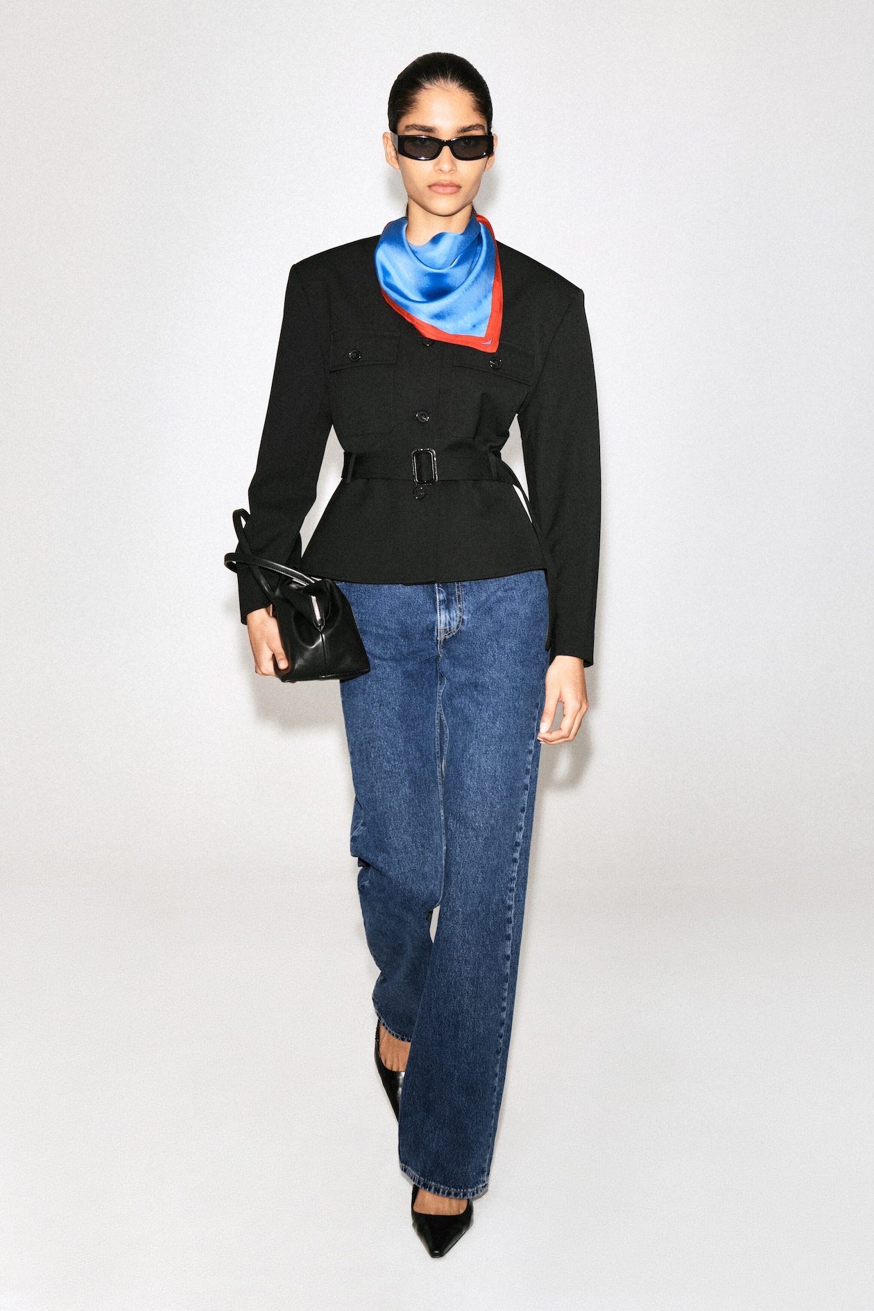 BELTED PEPLUM JACKET — BLACK