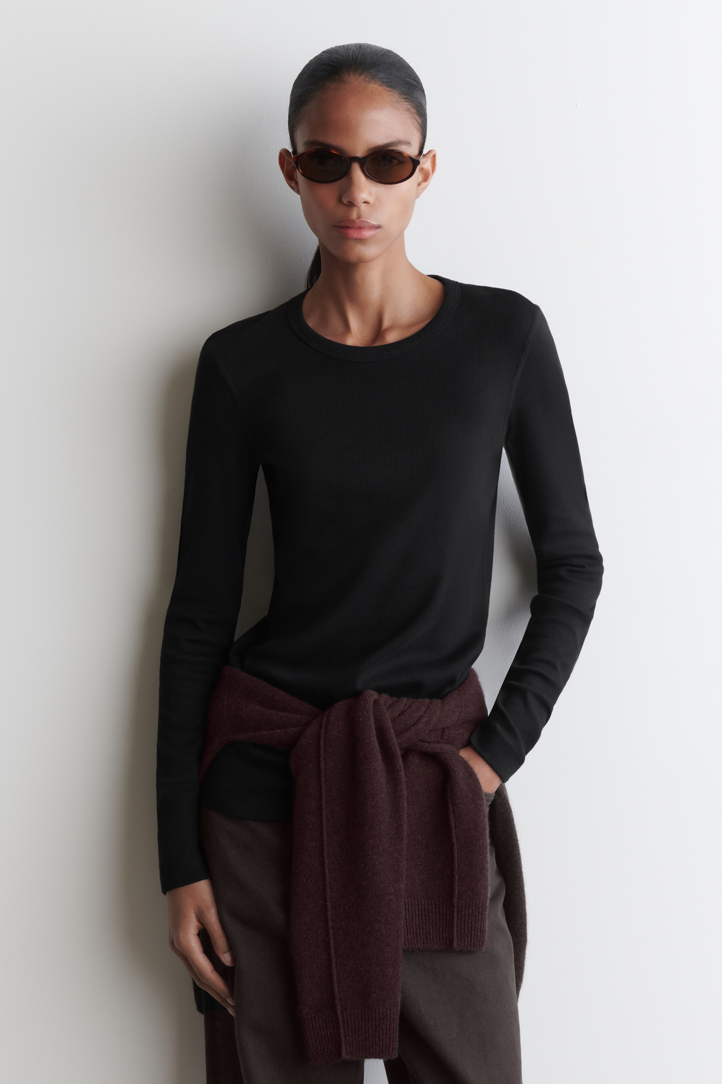 RIBBED JERSEY LONG-SLEEVED TOP - ΜΑΥΡΟ/ΛΕΥΚΟ