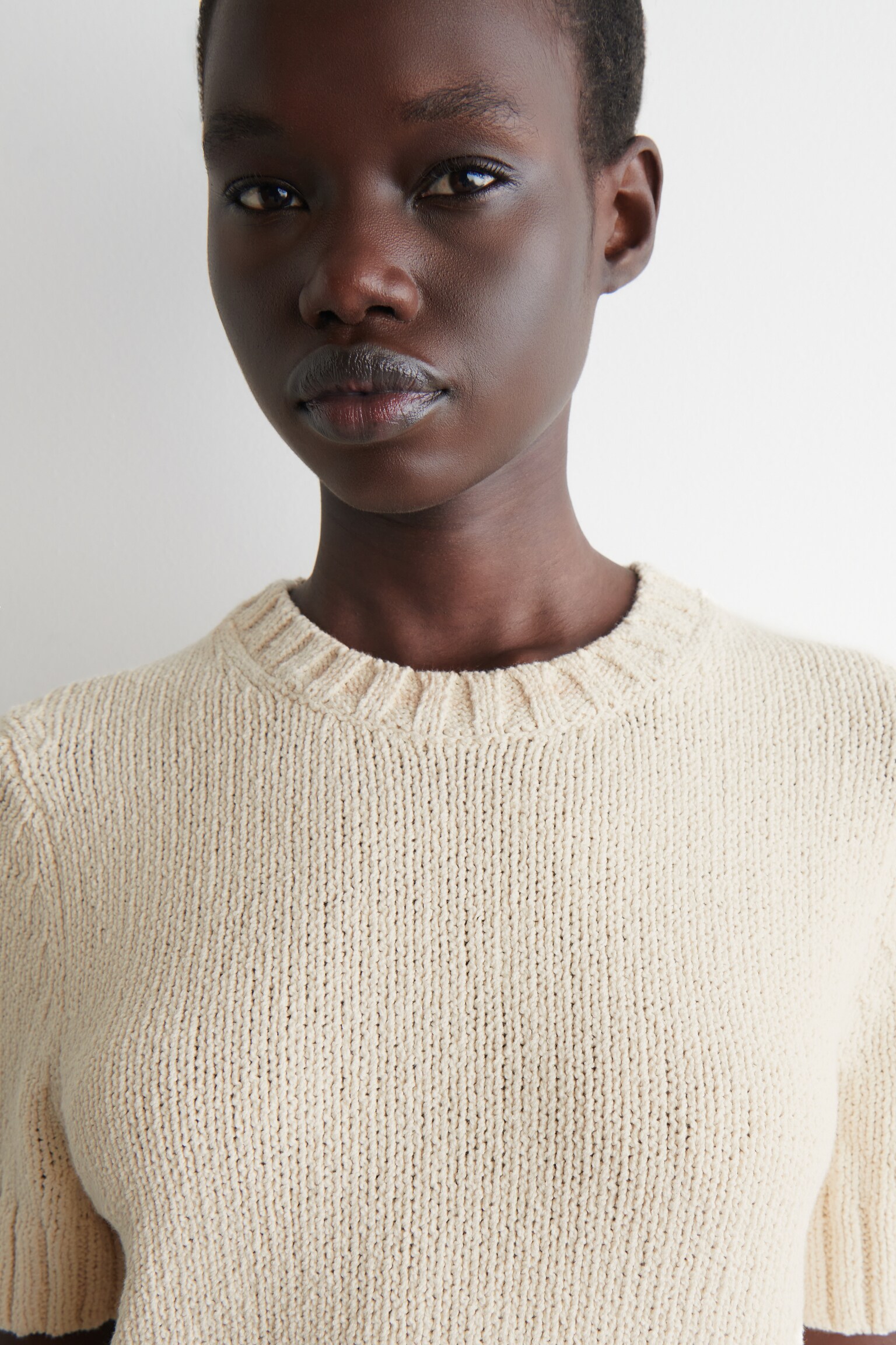 T-SHIRT IN MAGLIA DI COTONE - ÉCRU/ROSA CHIARO - 3