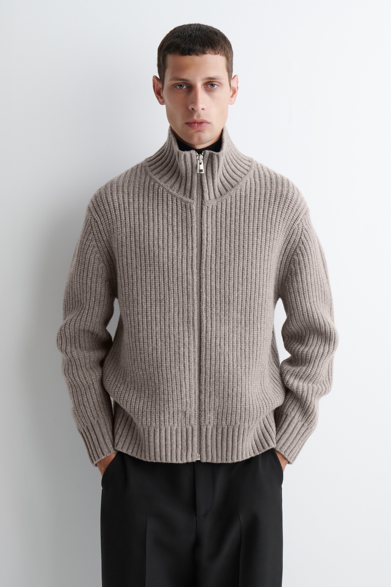 FUNNEL-NECK KNITTED WOOL JACKET - STONE/CHARCOAL - 1