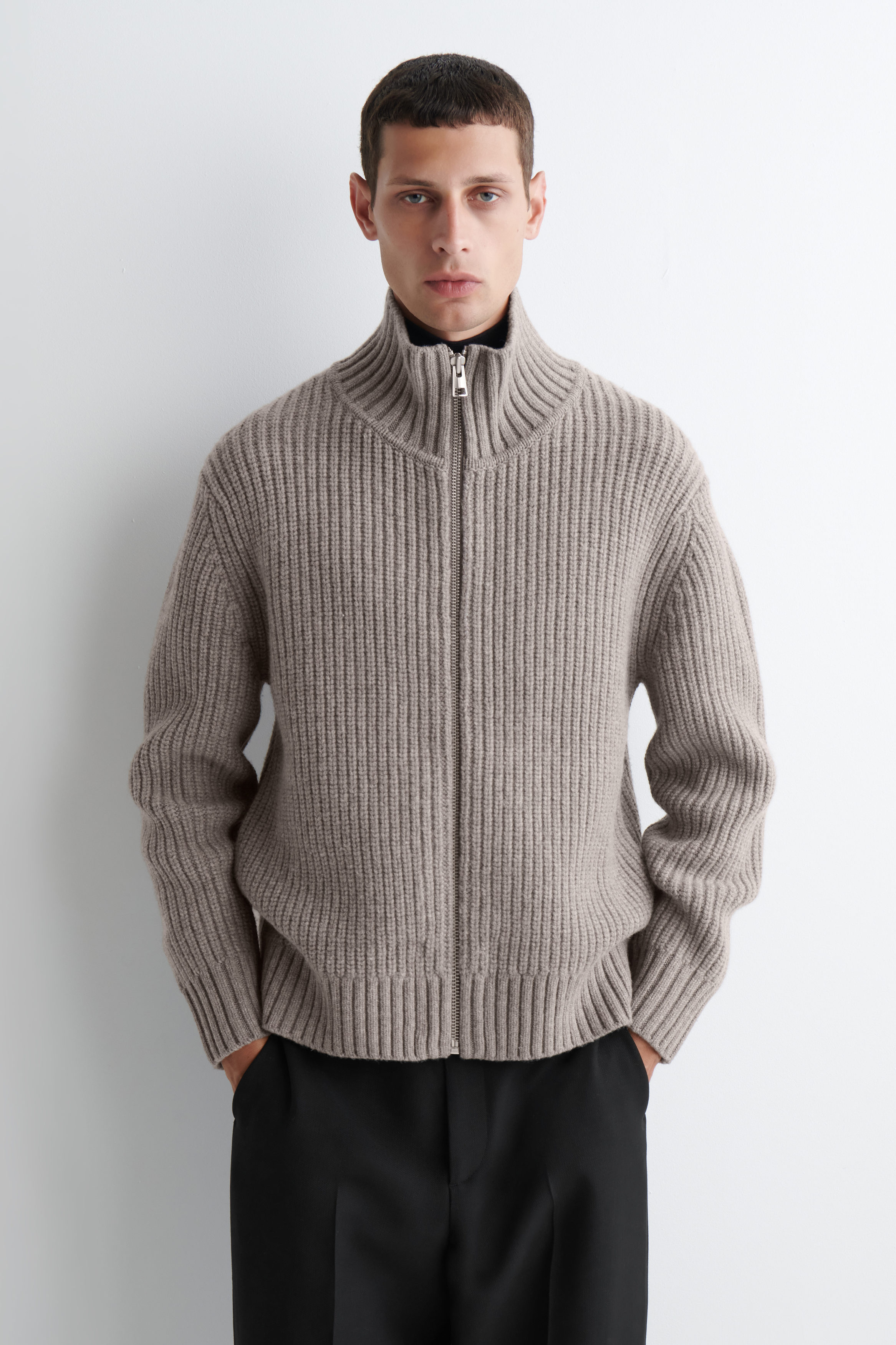 FUNNEL-NECK KNITTED WOOL JACKET - STONE | COS