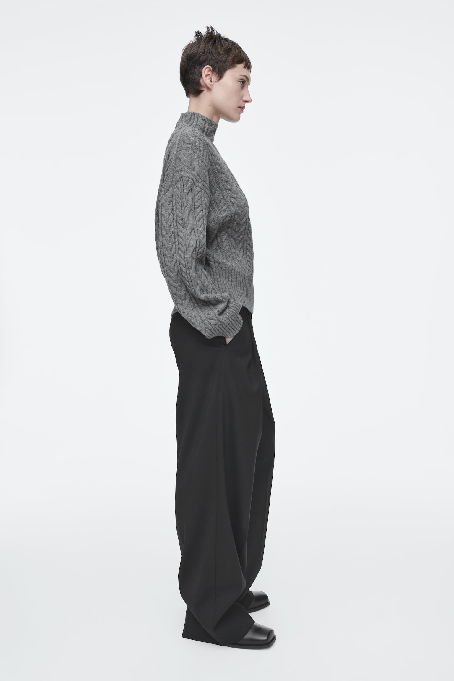 CABLE-KNIT WOOL FUNNEL-NECK JUMPER - GREY - 7
