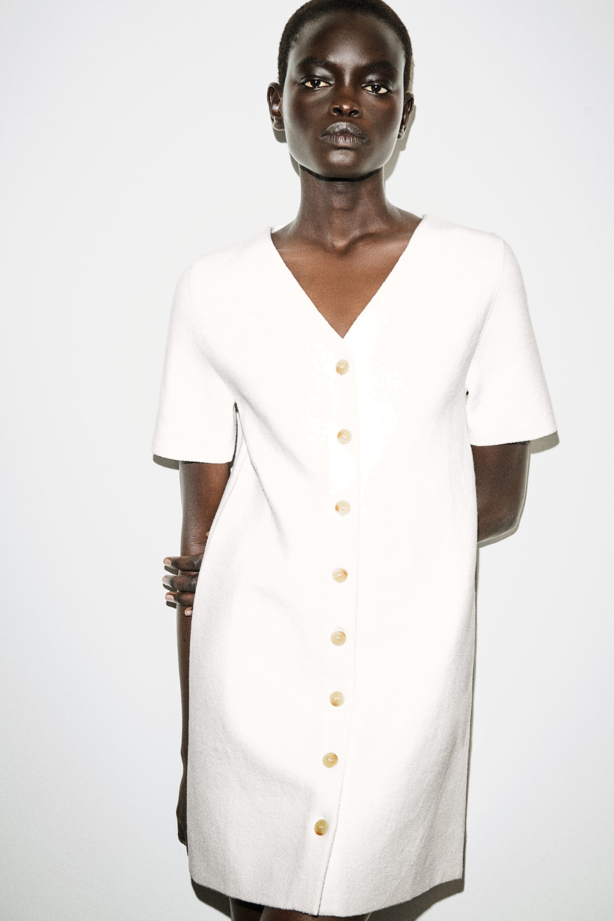 BUTTONED MILANO-KNIT MINI DRESS — WHITE