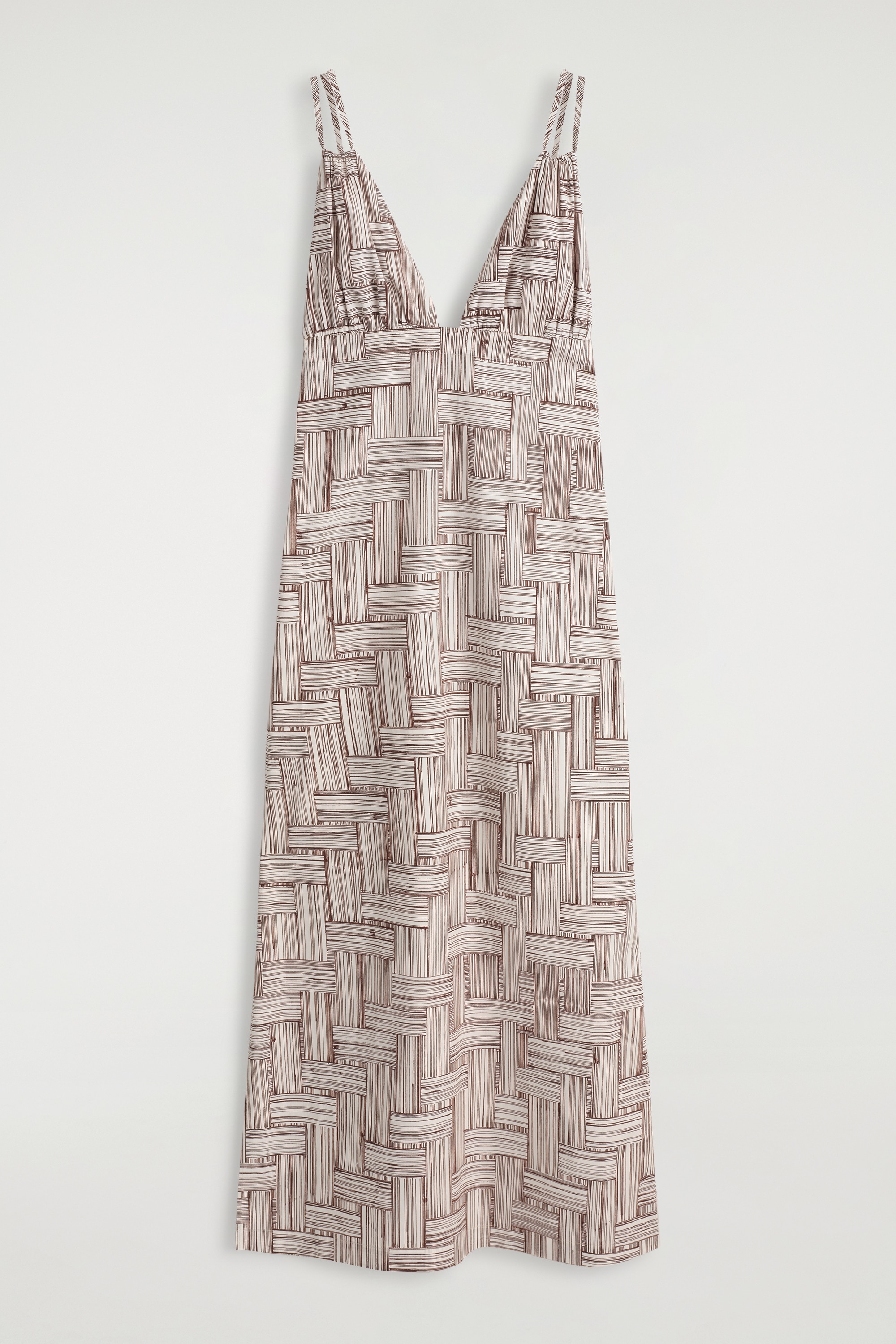 VESTIDO LARGO ESTAMPADO CON CUELLO DE PICO - CRUDO / MARRÓN / ESTAMPADO