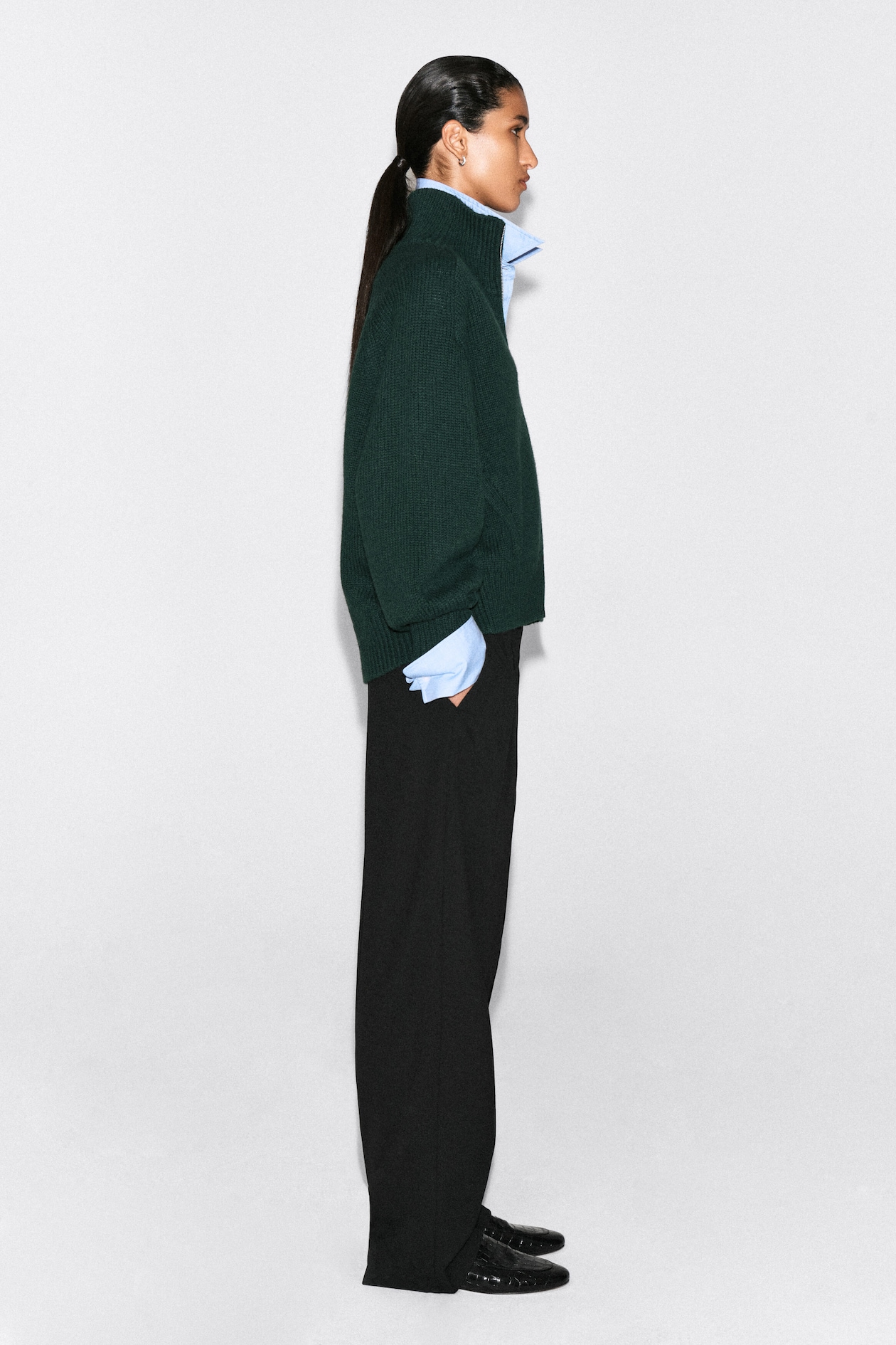 ROUNDED WOOL MOCK-NECK ZIP-UP JACKET — DARK GREEN
