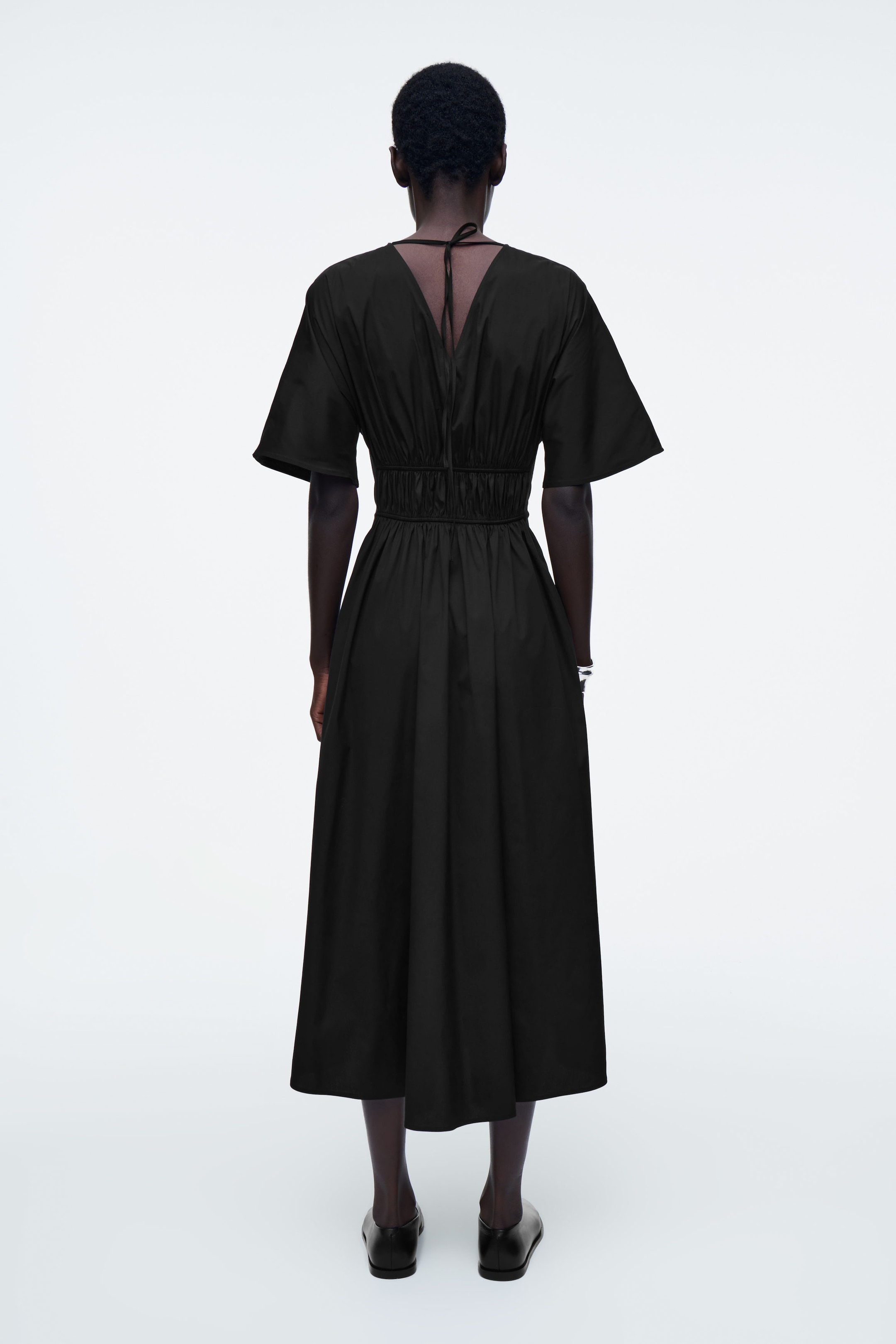 GATHERED OPEN-BACK MIDI DRESS