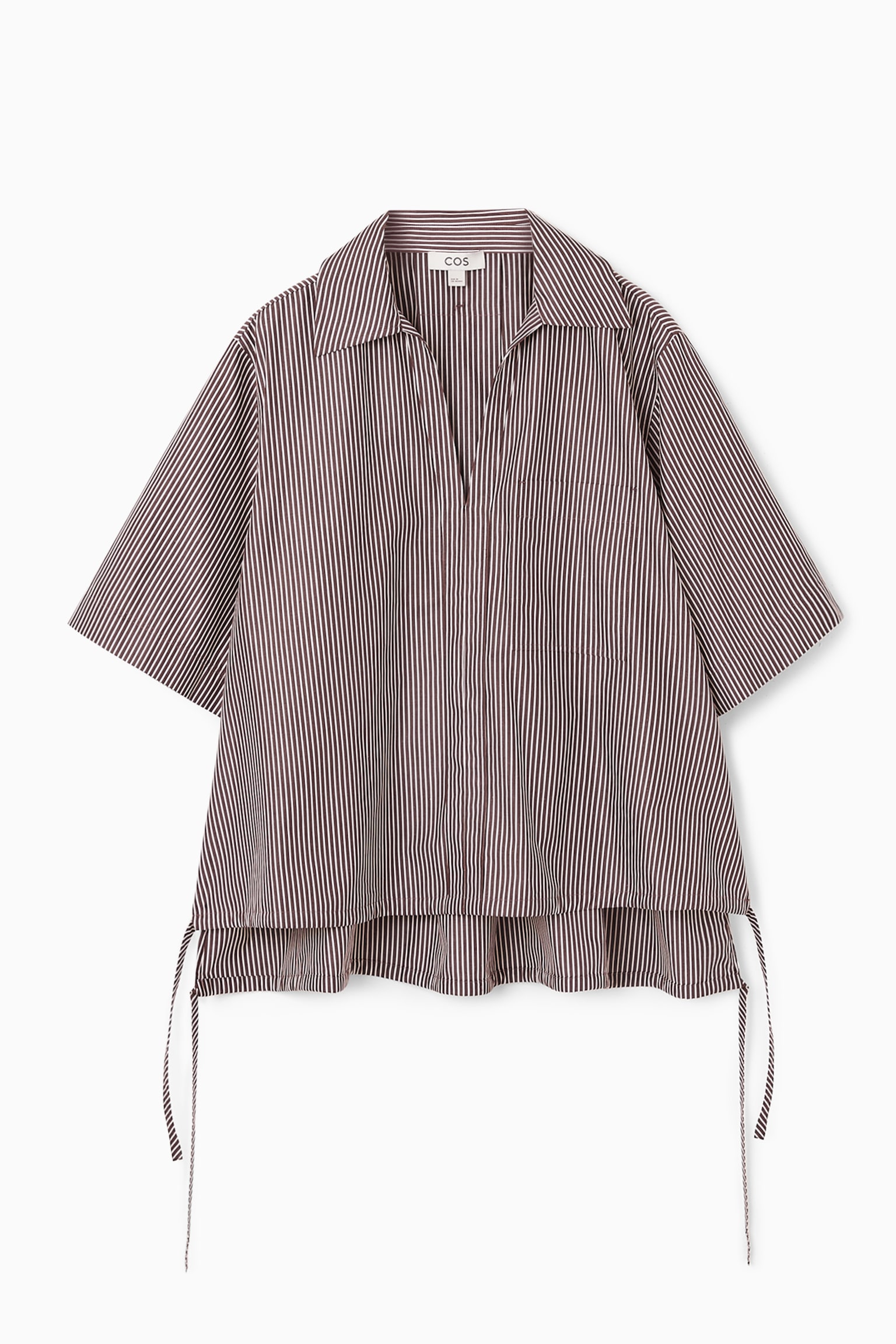 OPEN-COLLAR DRAWSTRING BLOUSE - BROWN / STRIPED