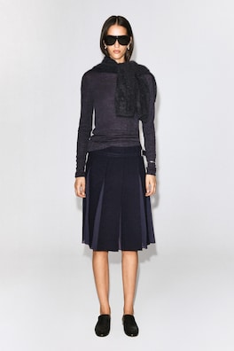 BELTED PLEATED WOOL-BLEND SKIRT — NAVY 1