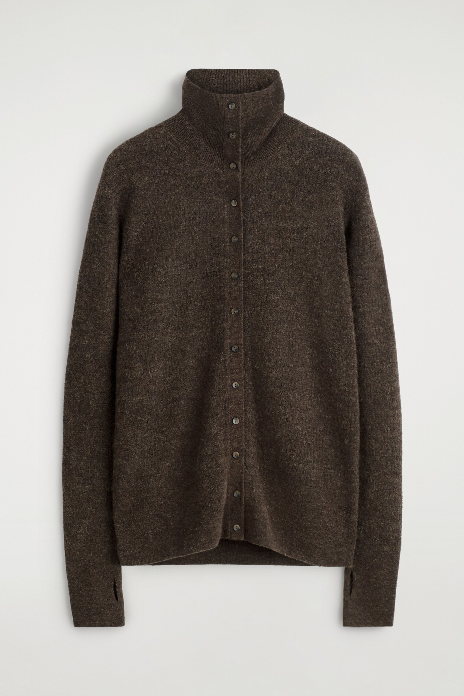 קרדיגן צווארון גבוה מאלפקה ומרינו - חום מלנג'/כחול כהה מעורבב - 2