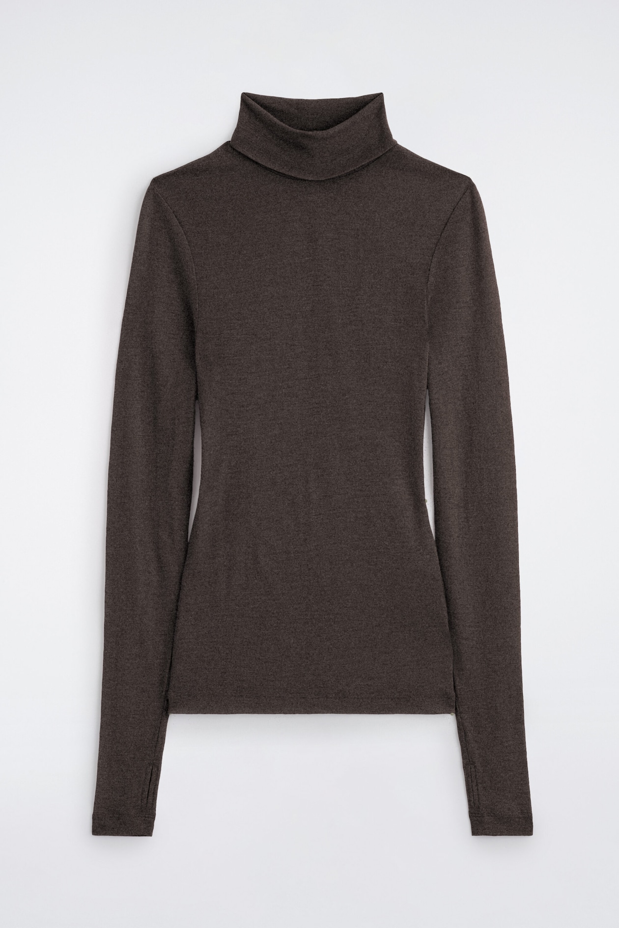A dark brown merino wool high-neck top is shown from the front, featuring a folded turtleneck collar and a fitted silhouette. The long sleeves feature subtle thumbhole slits at the cuffs.
