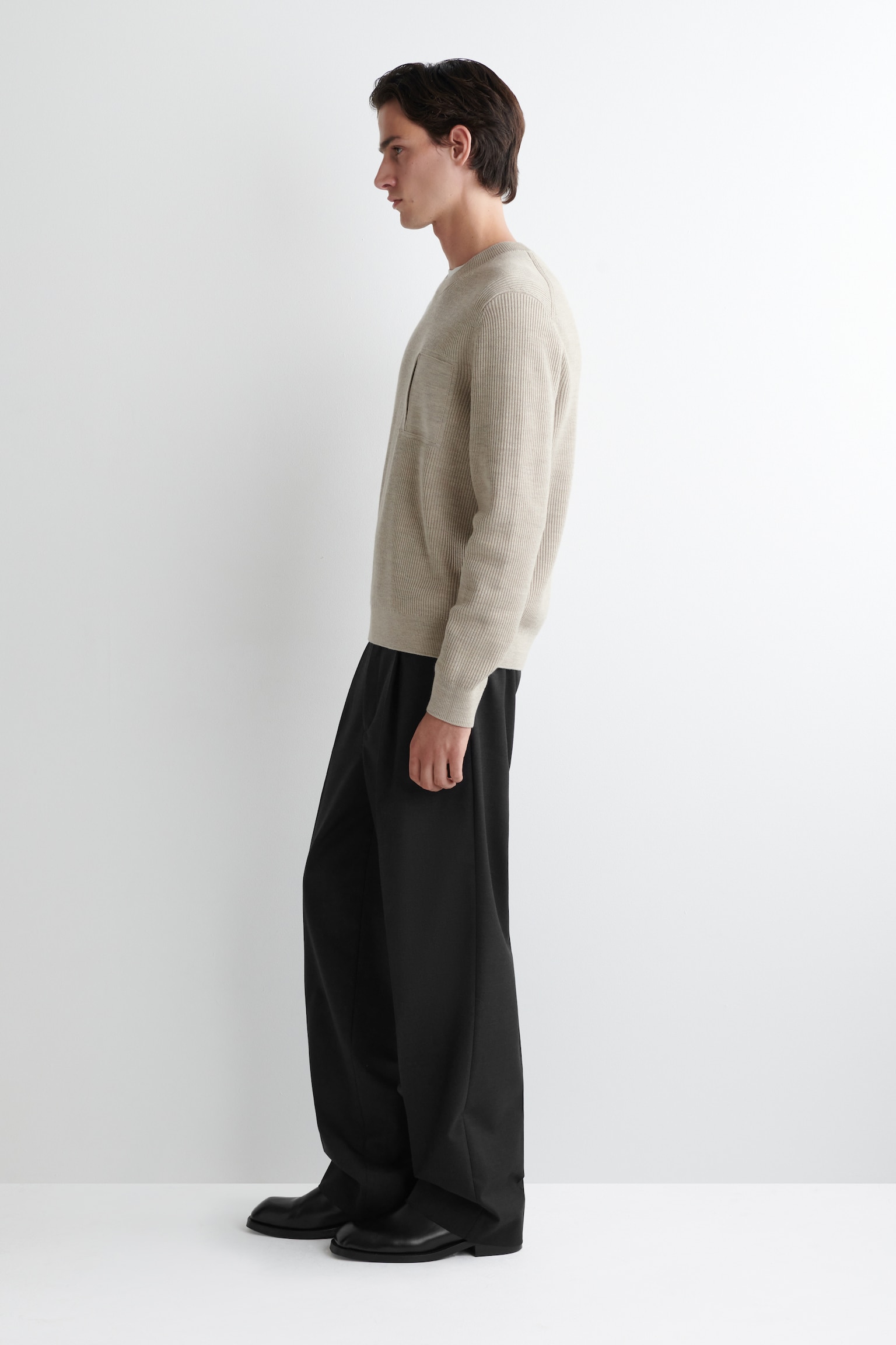 POCKET-DETAIL WOOL CREW-NECK JUMPER - BEIGE MÉLANGE/KHAKI - 5