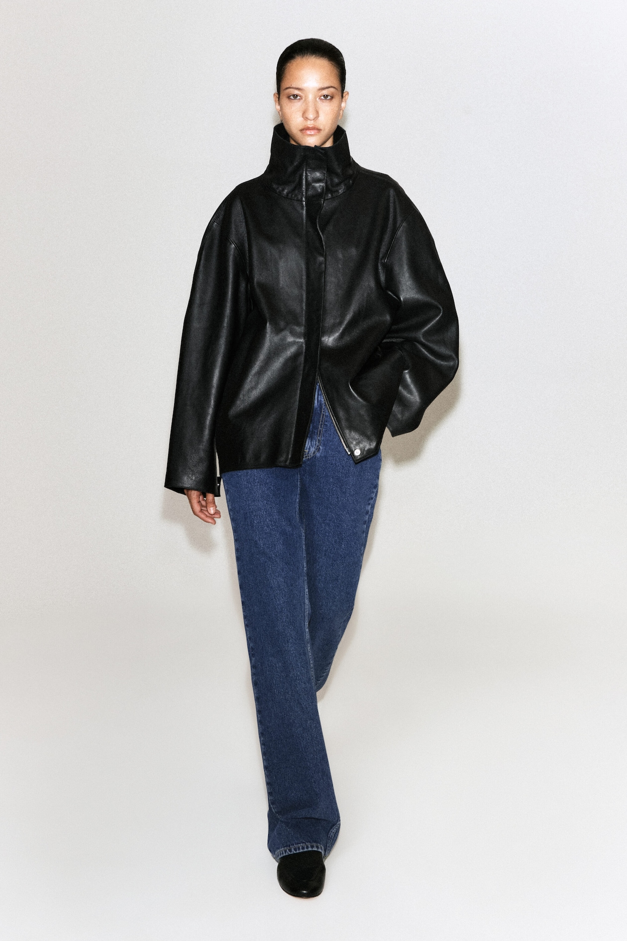 LEATHER FUNNEL-NECK JACKET — BLACK