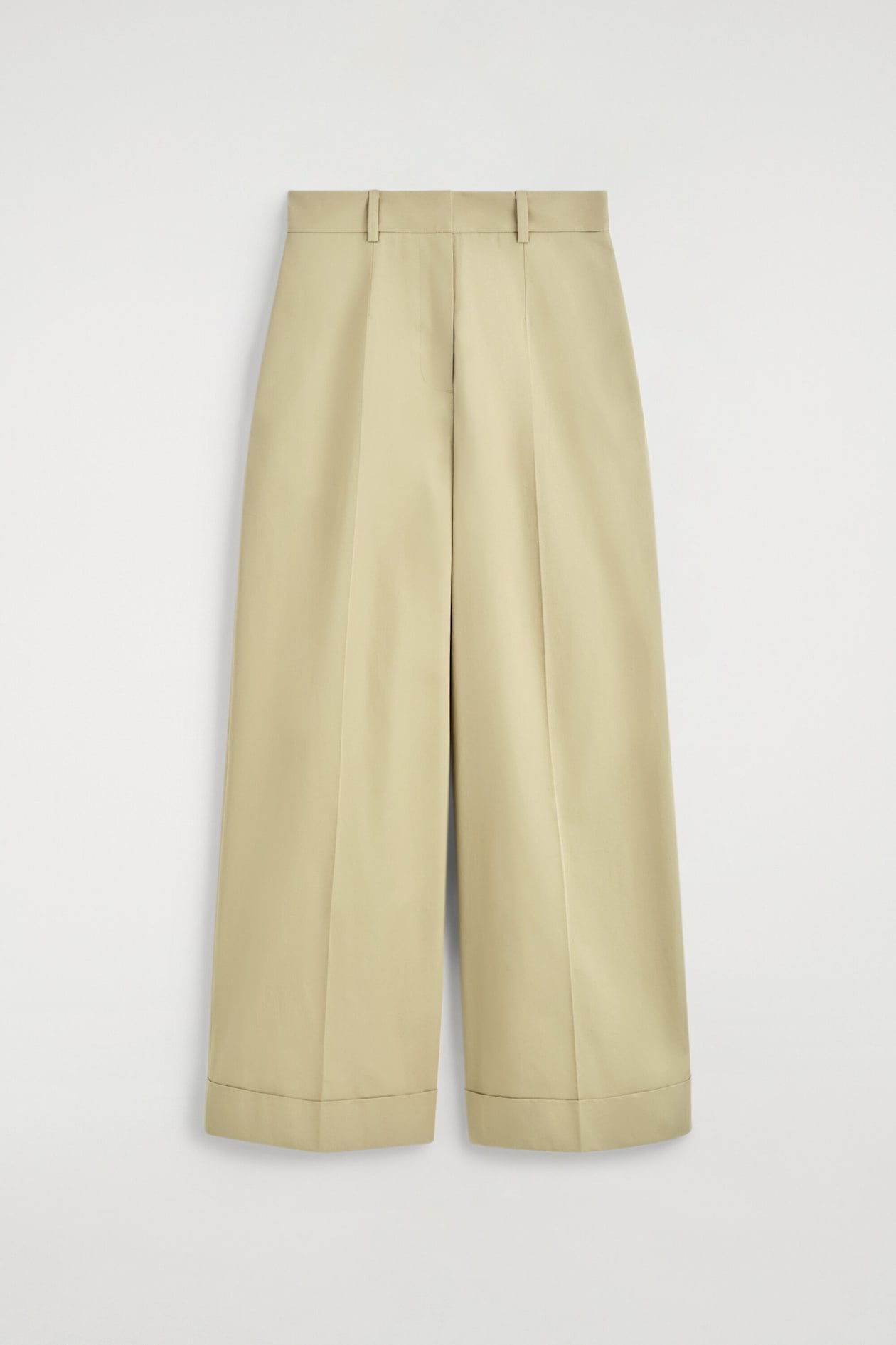 COTTON-TWILL WIDE-LEG TURN-UP PANTS — BEIGE