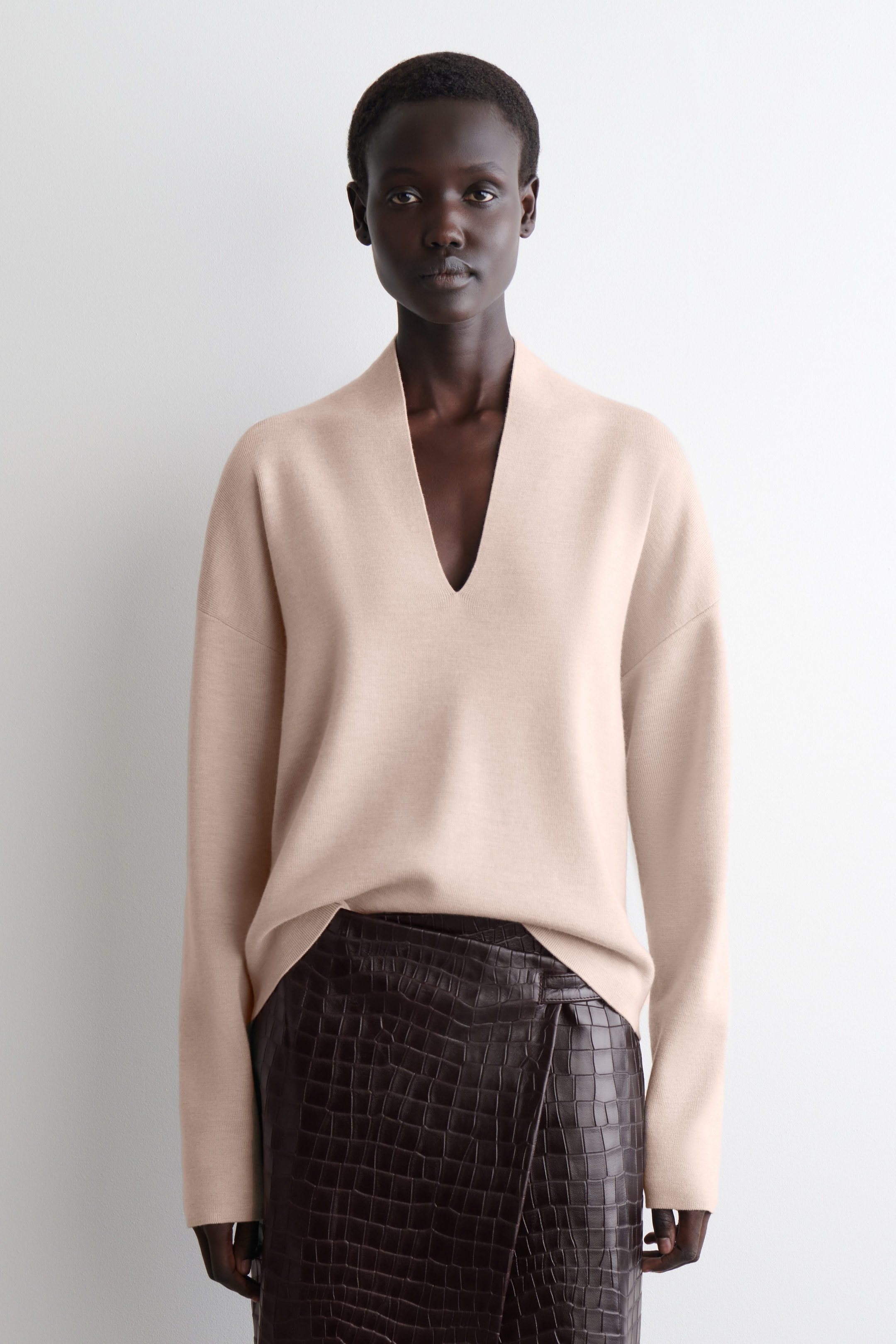 DRAPED MERINO WOOL V-NECK SWEATER