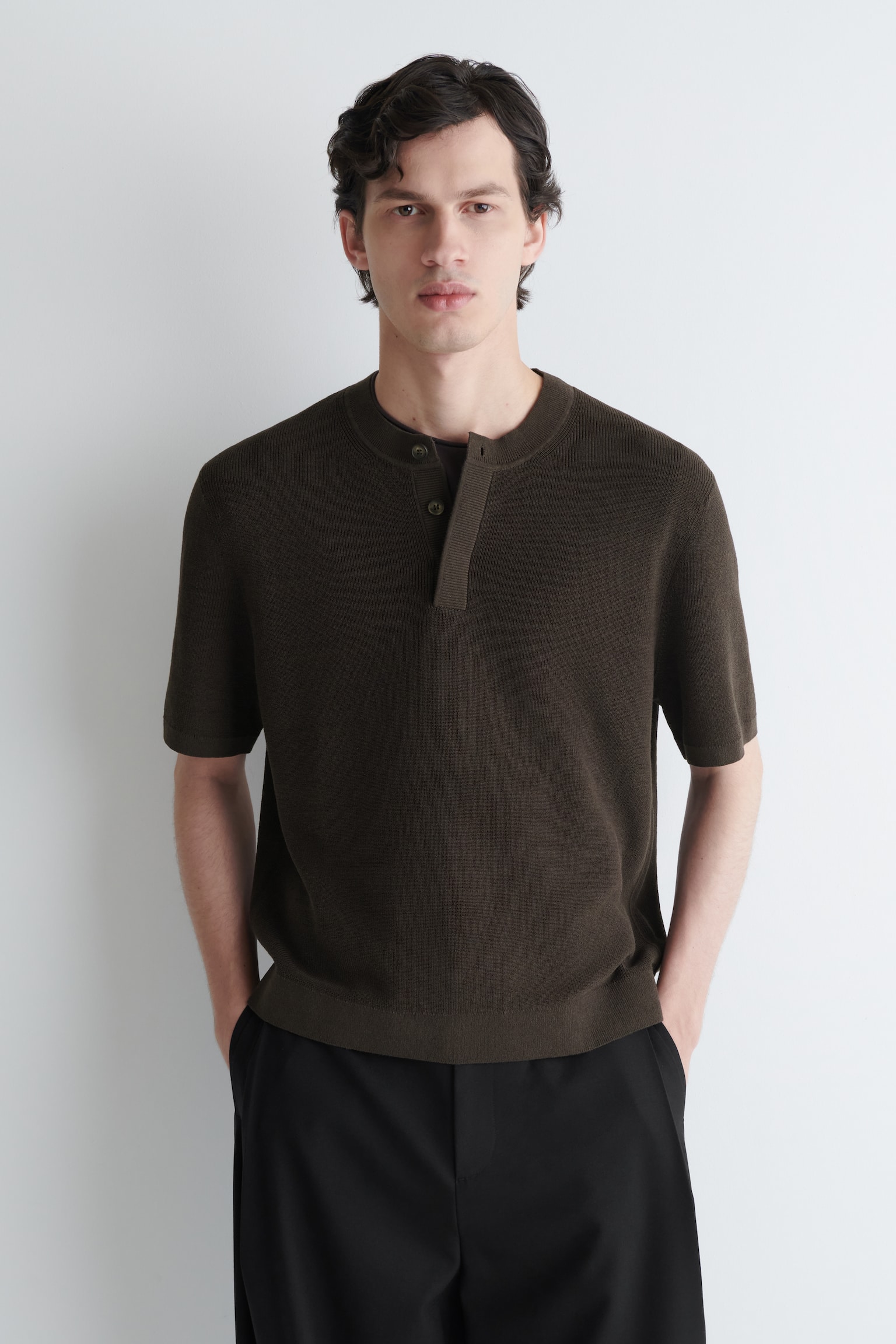 ΠΛΕΚΤΟ ΛΙΝΟ HENLEY T-SHIRT - ΣΚΟΥΡΟ ΚΑΦΕ/ΕΚΡΟΥ - 1