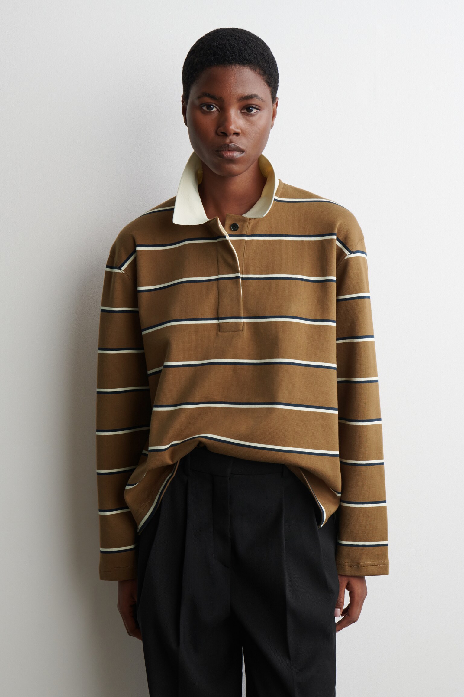 STRIPED LONG-SLEEVED POLO SHIRT - BROWN / STRIPED