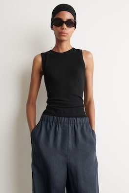 ELASTICATED LINEN BARREL-LEG PANTS — NAVY 2