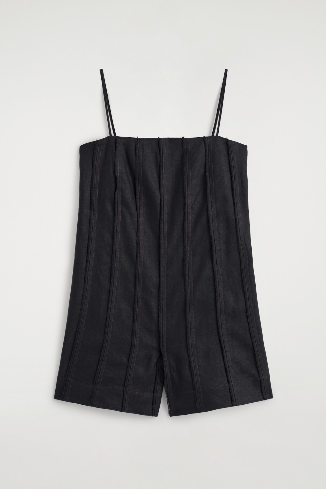SCULPTED PLEATED LINEN PLAYSUIT — BLACK
