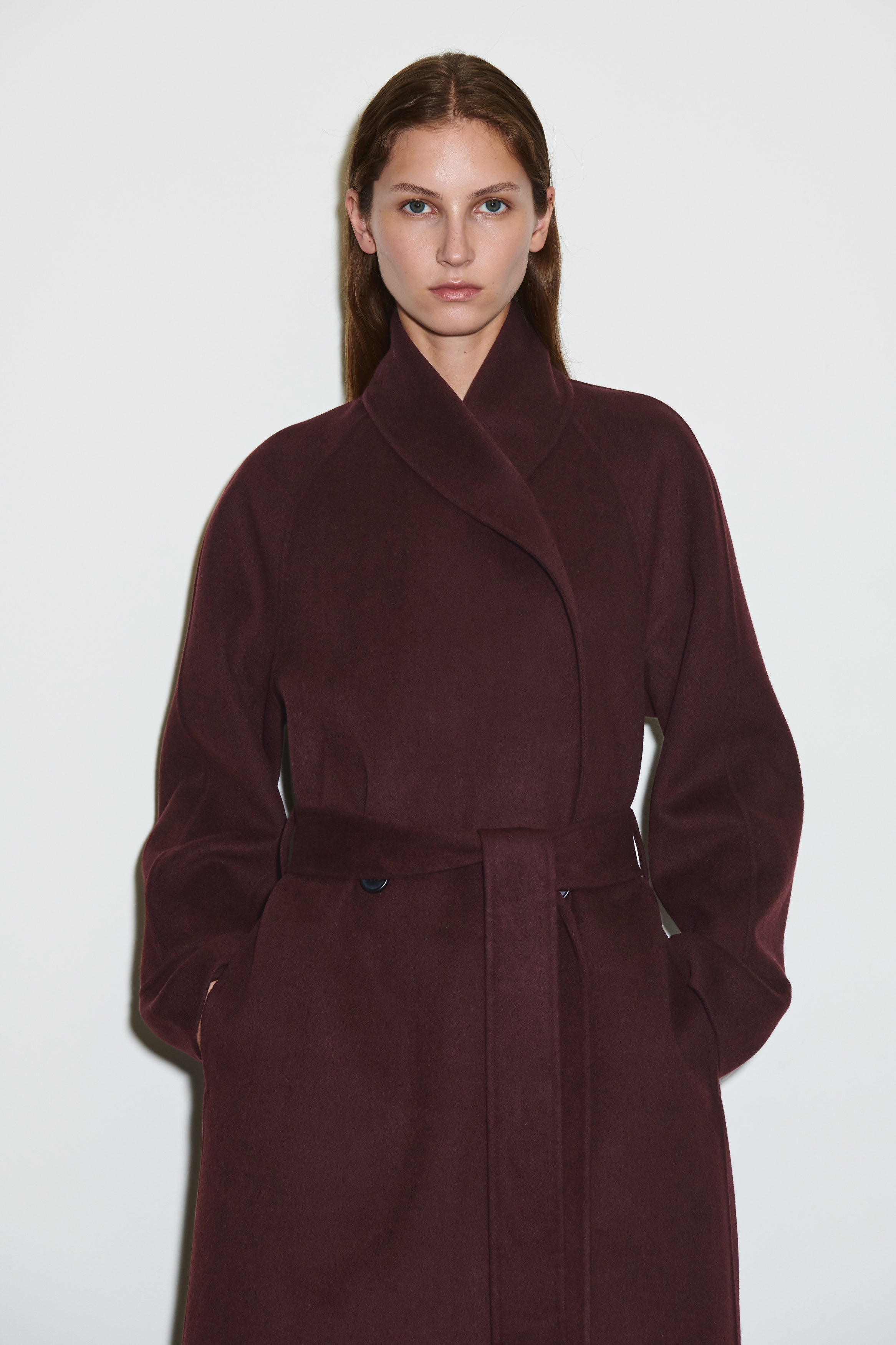 BELTED DOUBLE-FACED WOOL LONG COAT - BURGUNDY | COS US