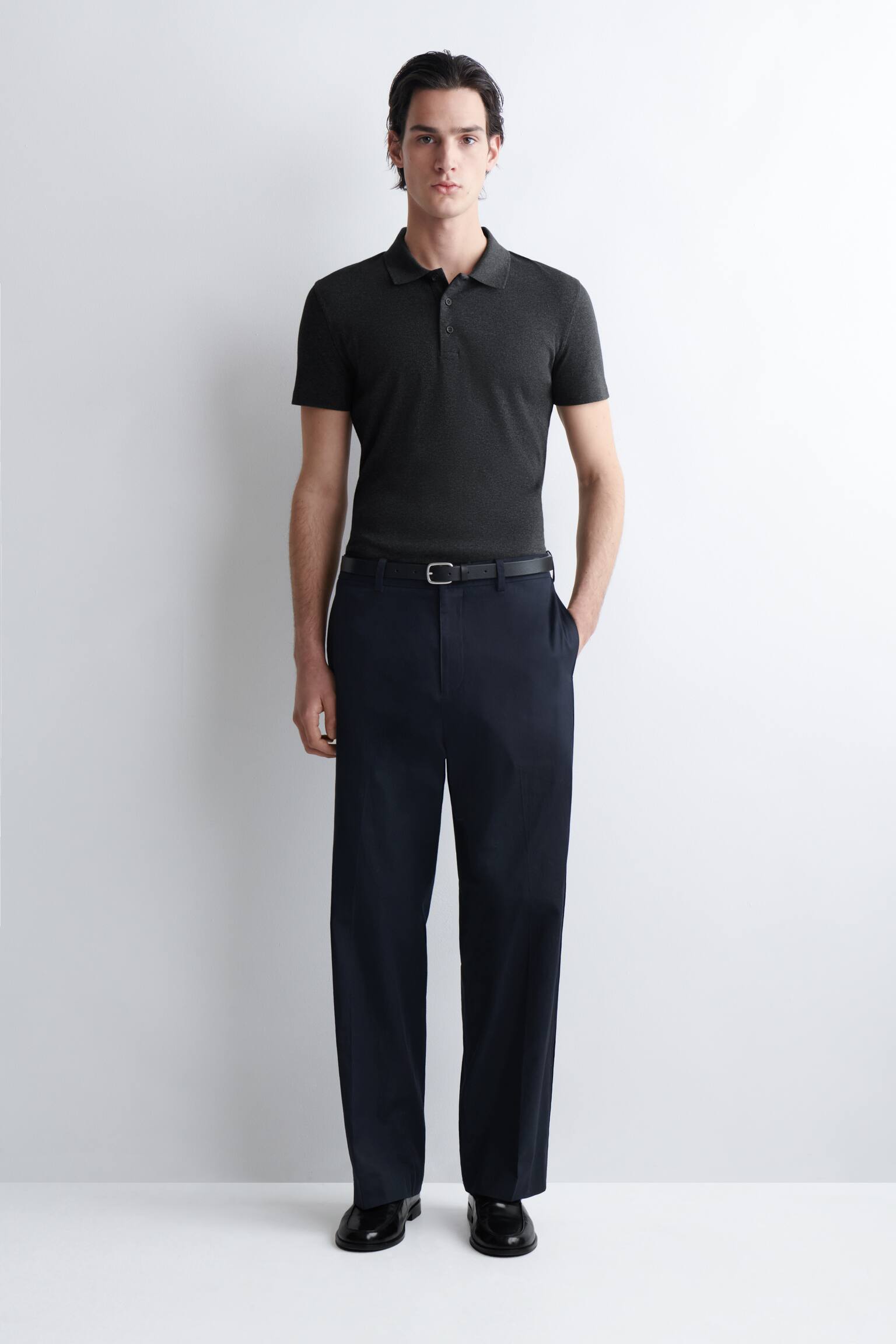 SLIM RIBBED COTTON POLO SHIRT - CHARCOAL MÉLANGE/WHITE/BLACK - 3