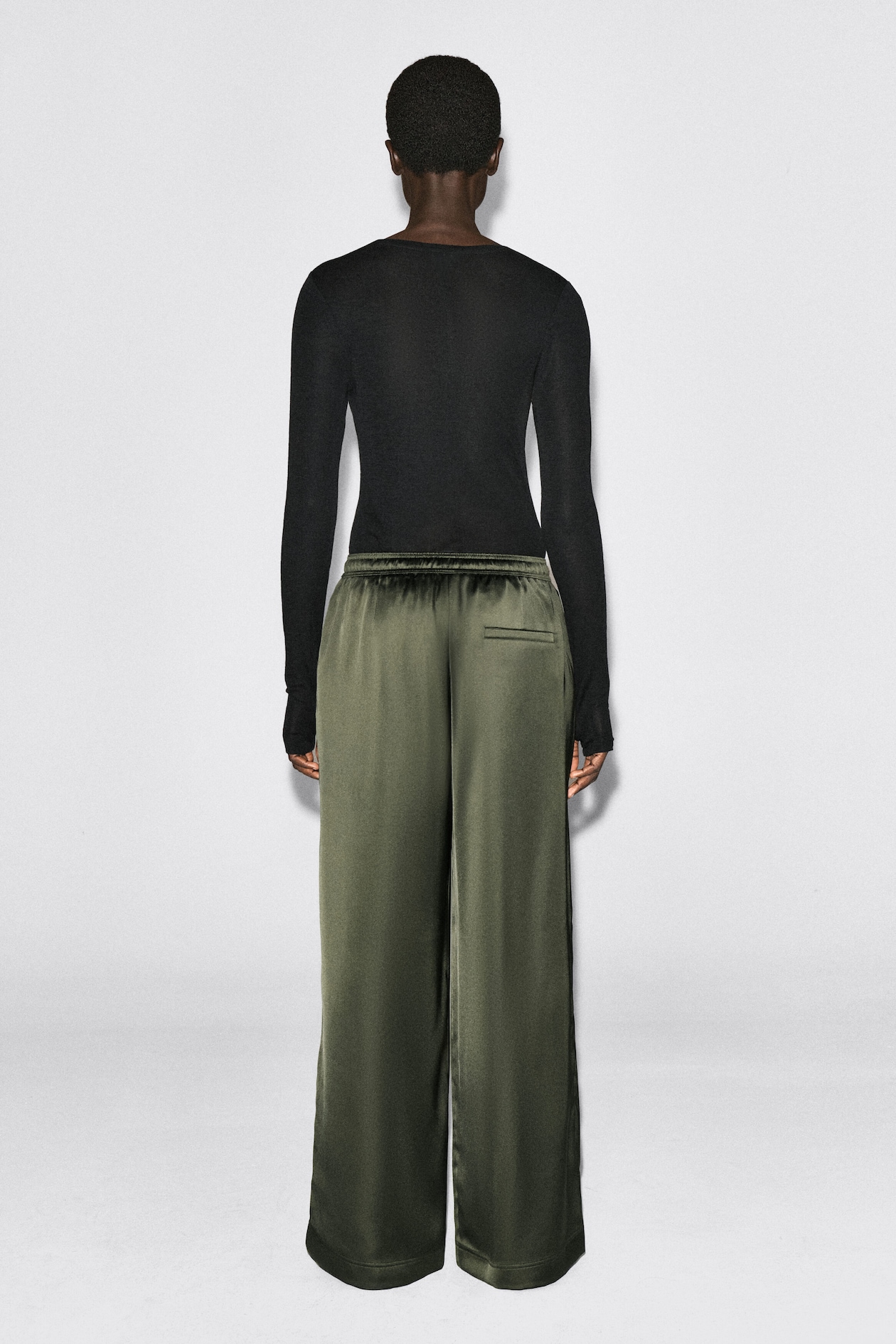 PLEATED SATIN DRAWSTRING PANTS — KHAKI