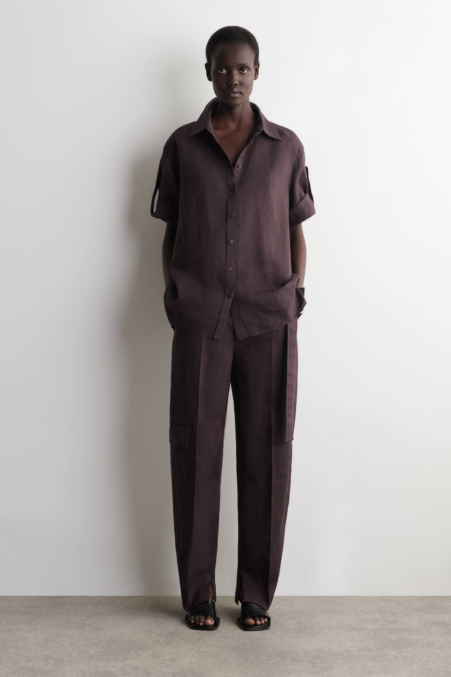 CAMICIA IN LINO CON MANICHE RIPIEGATE - BORDEAUX/BEIGE - 8