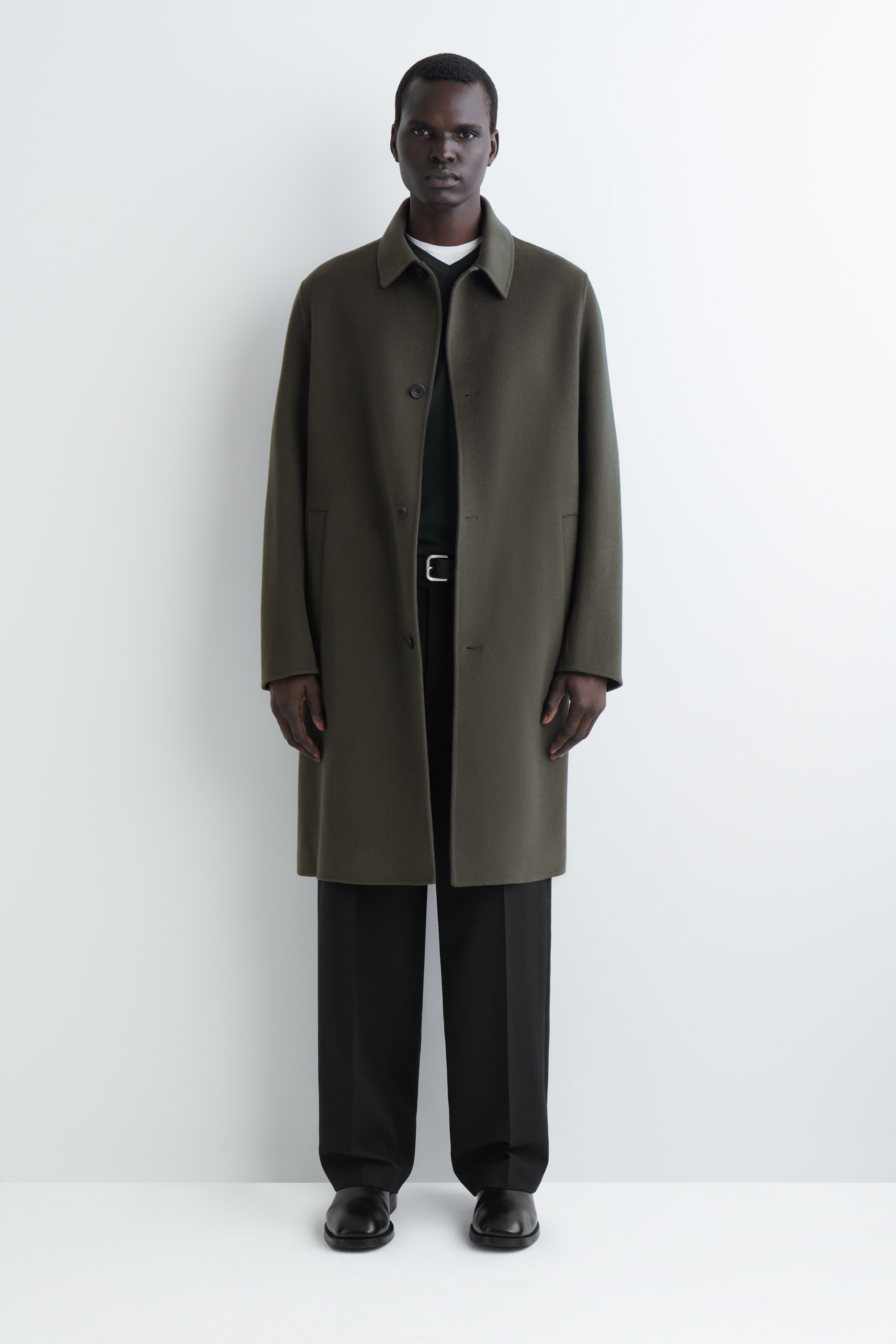 DOUBLE-FACED WOOL LONG CAR COAT - DARK KHAKI/BLACK