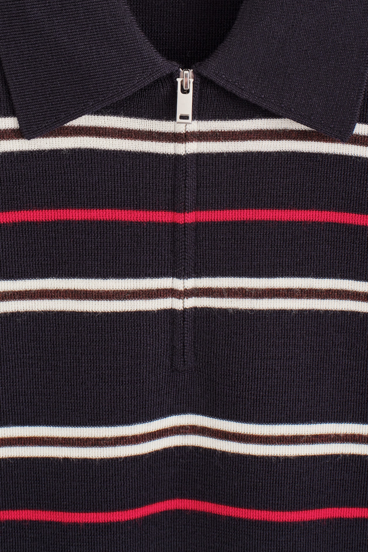MERINO WOOL ZIP-UP POLO SHIRT — NAVY / RED / STRIPED