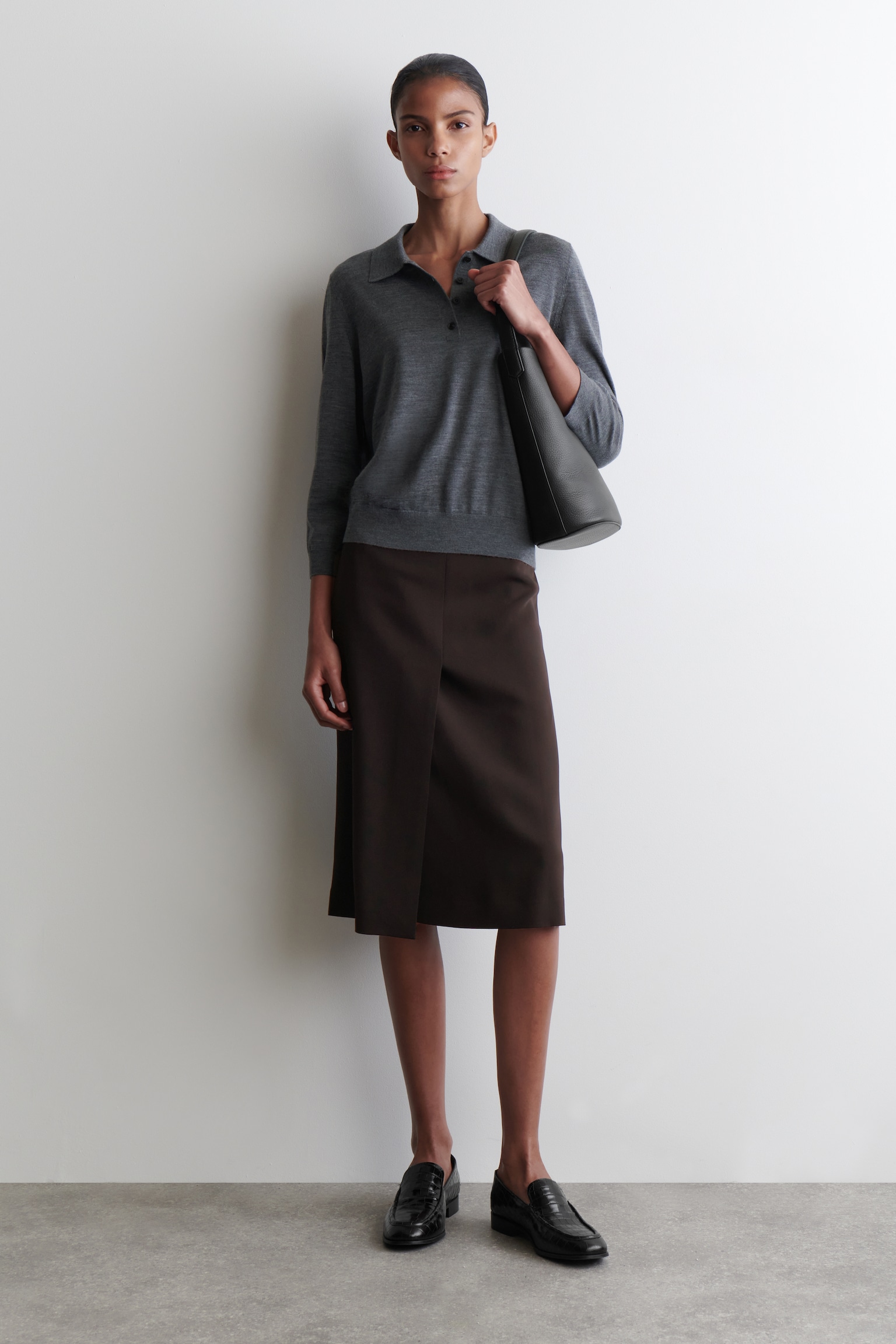 MERINO WOOL POLO JUMPER - GREY MÉLANGE/RUST/BLACK - 3