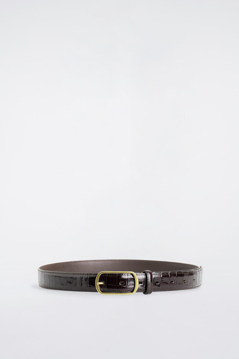 Curved-Buckle Croc-Effect Leather Belt