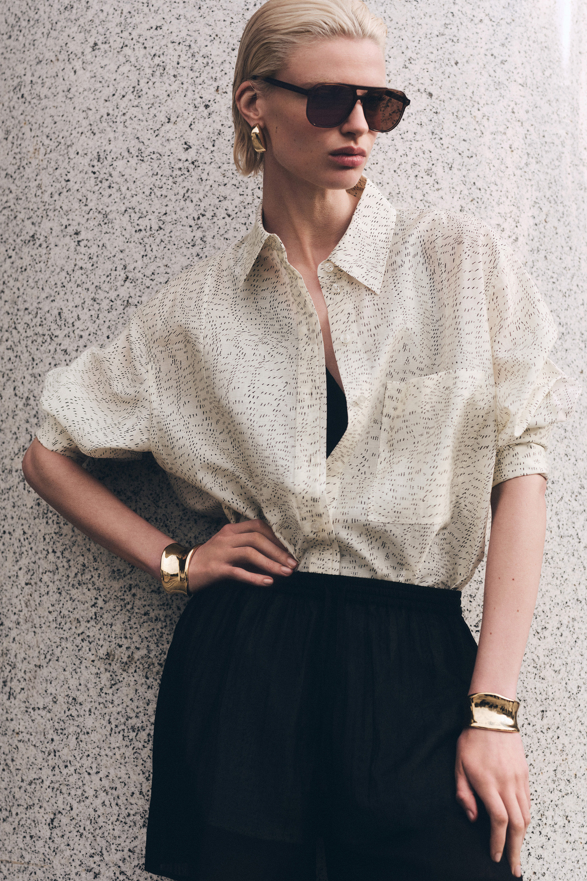 【KOOLOSET】Glossy Nylon String Half Shirt PRINTED FLUID SHIRT - LIGHT PINK / PRINTED | COS