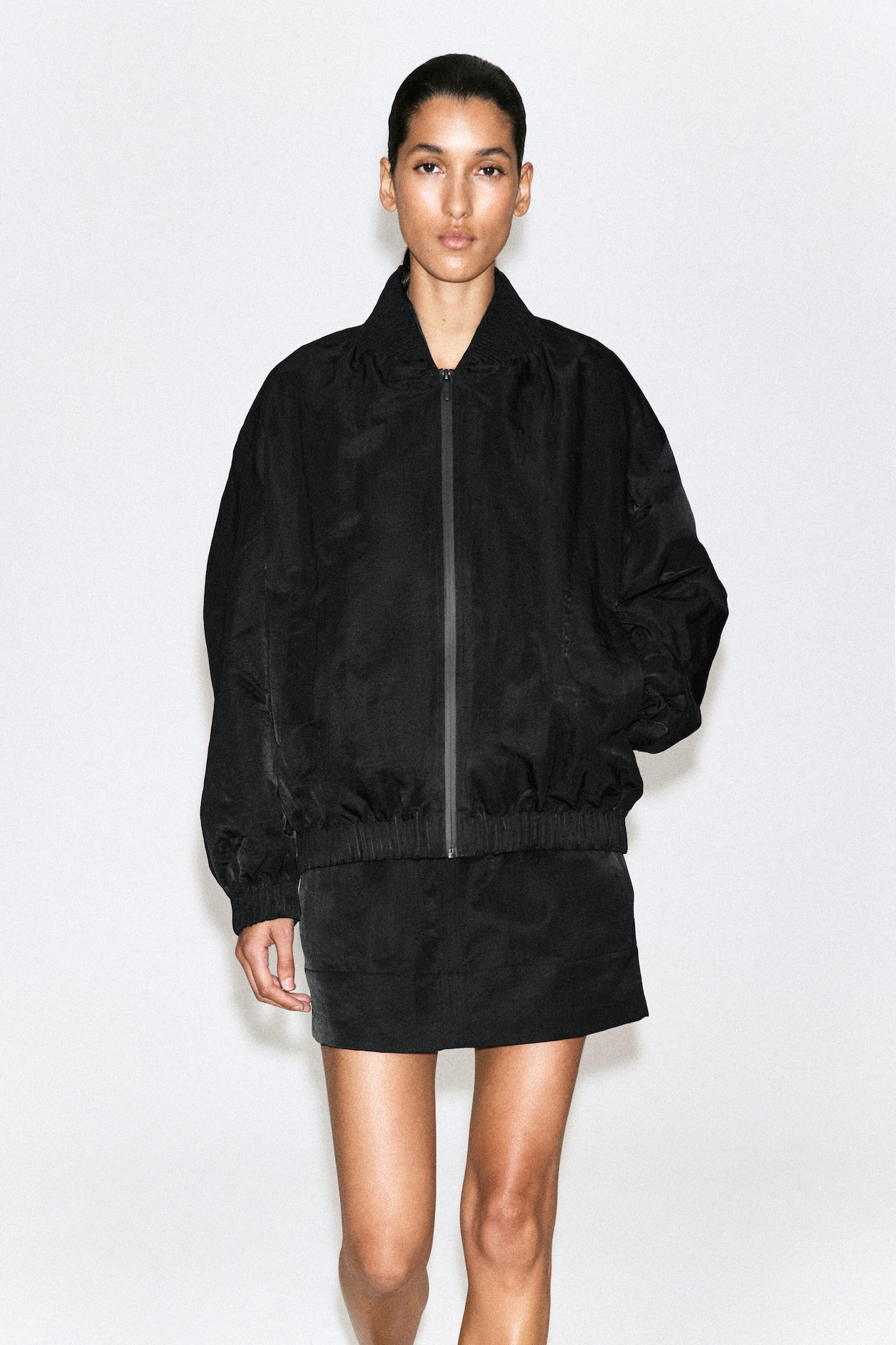 GATHERED NYLON BOMBER JACKET — BLACK
