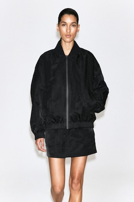 GATHERED NYLON BOMBER JACKET — BLACK 2