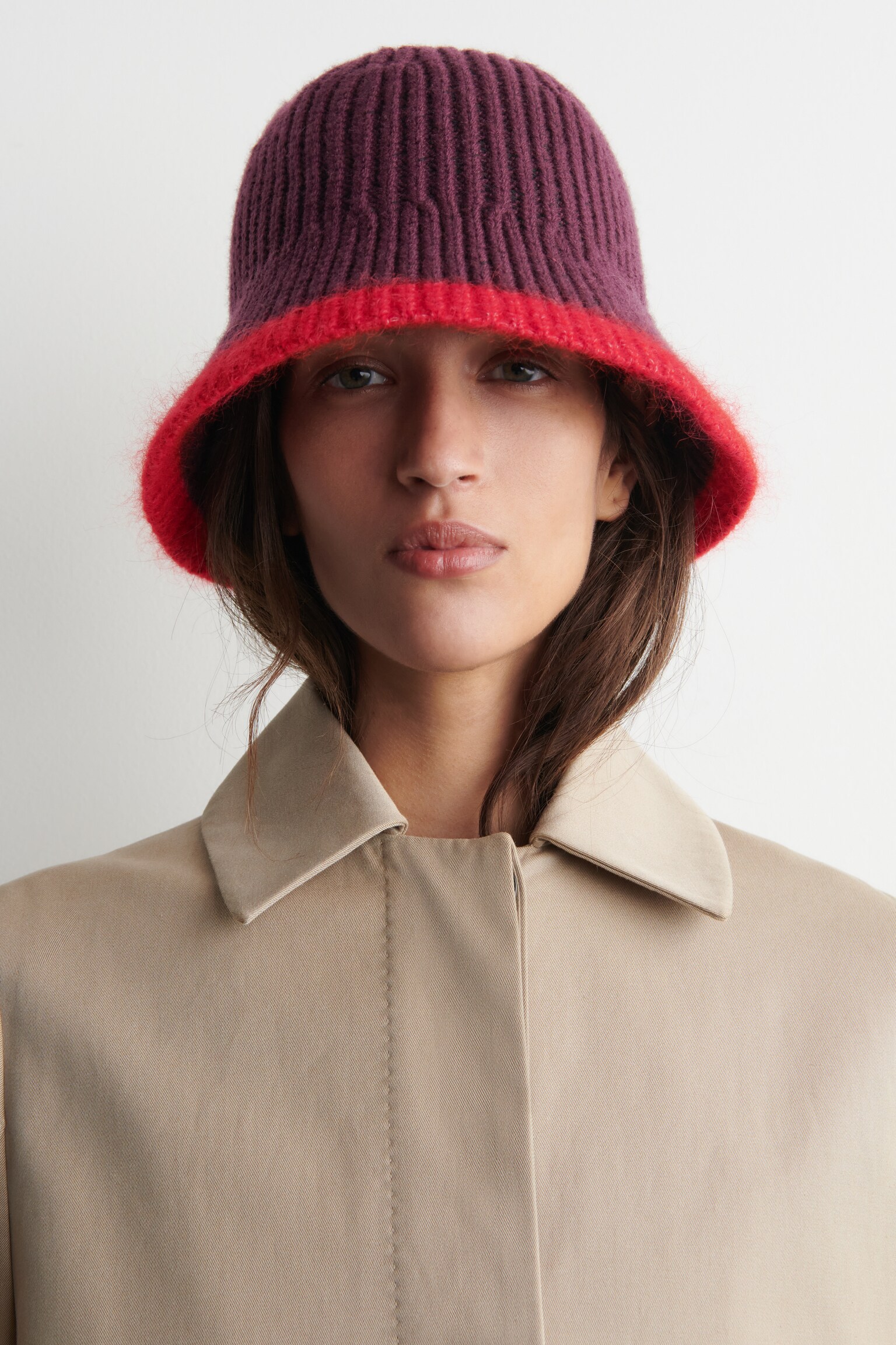 CONTRAST-TIPPED WOOL-MOHAIR BUCKET HAT - BURGUNDY / RED/GREY / CREAM