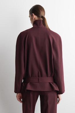 BELTED WOOL-BLEND SHAWL-COLLAR JACKET — BURGUNDY 4
