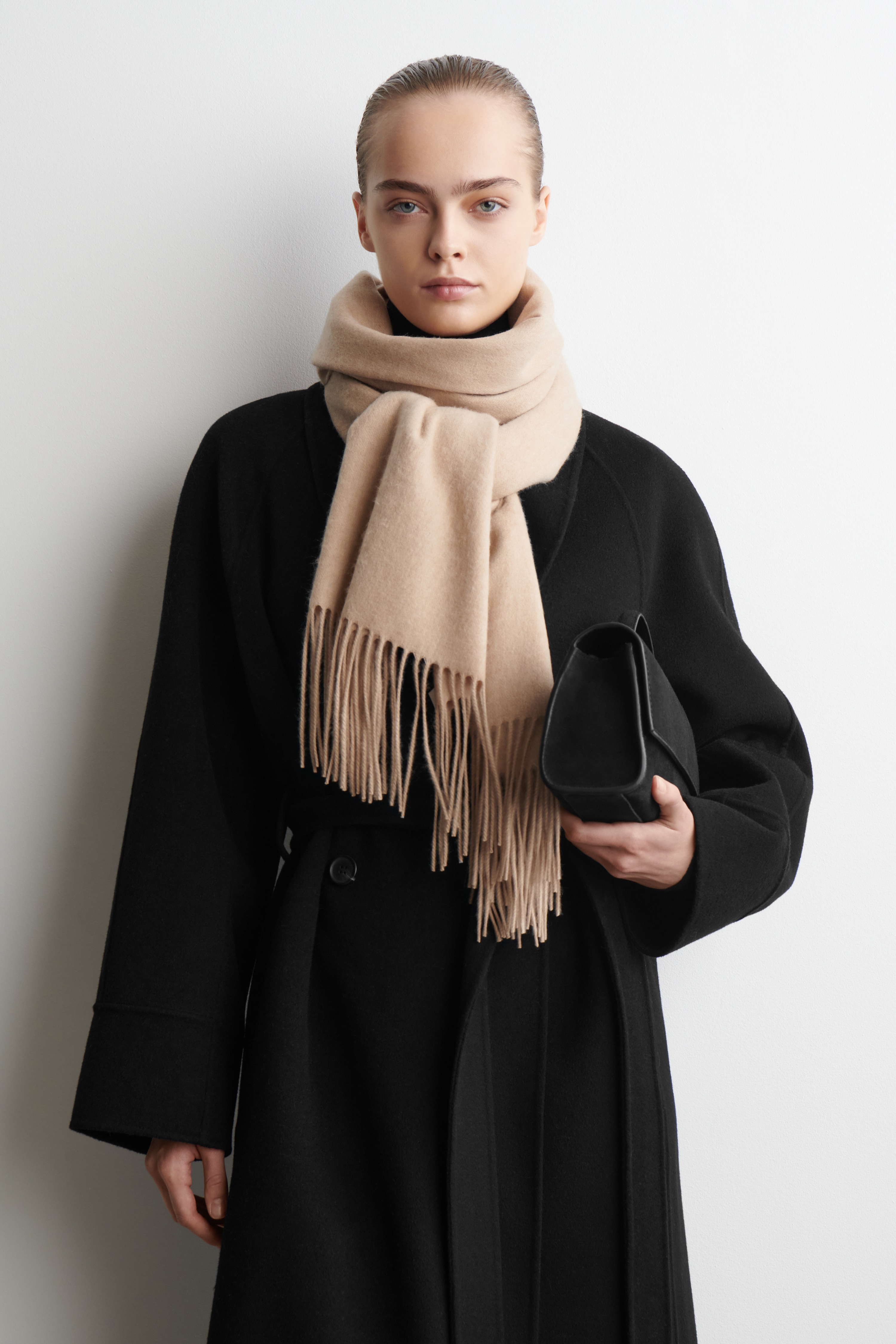 FRINGED WOOL SCARF - BEIGE/PLUM/ECRU