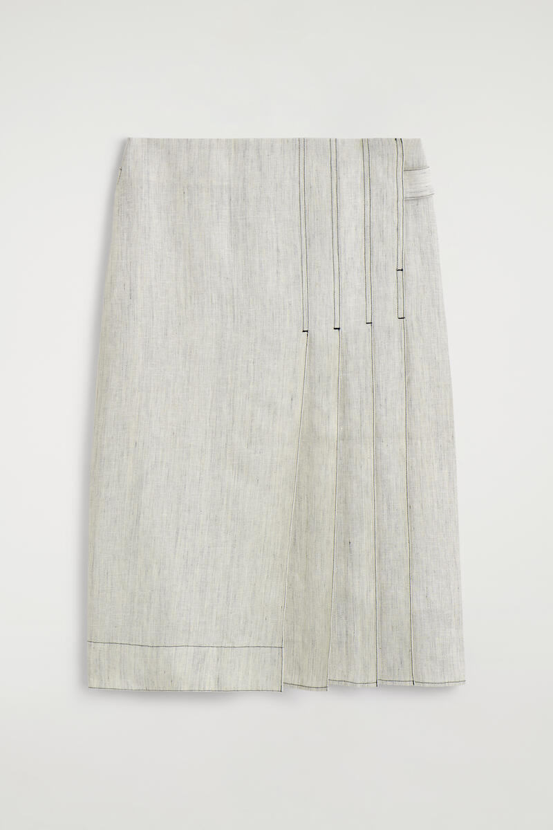 Belted Pleated Linen Midi Skirt in Gray