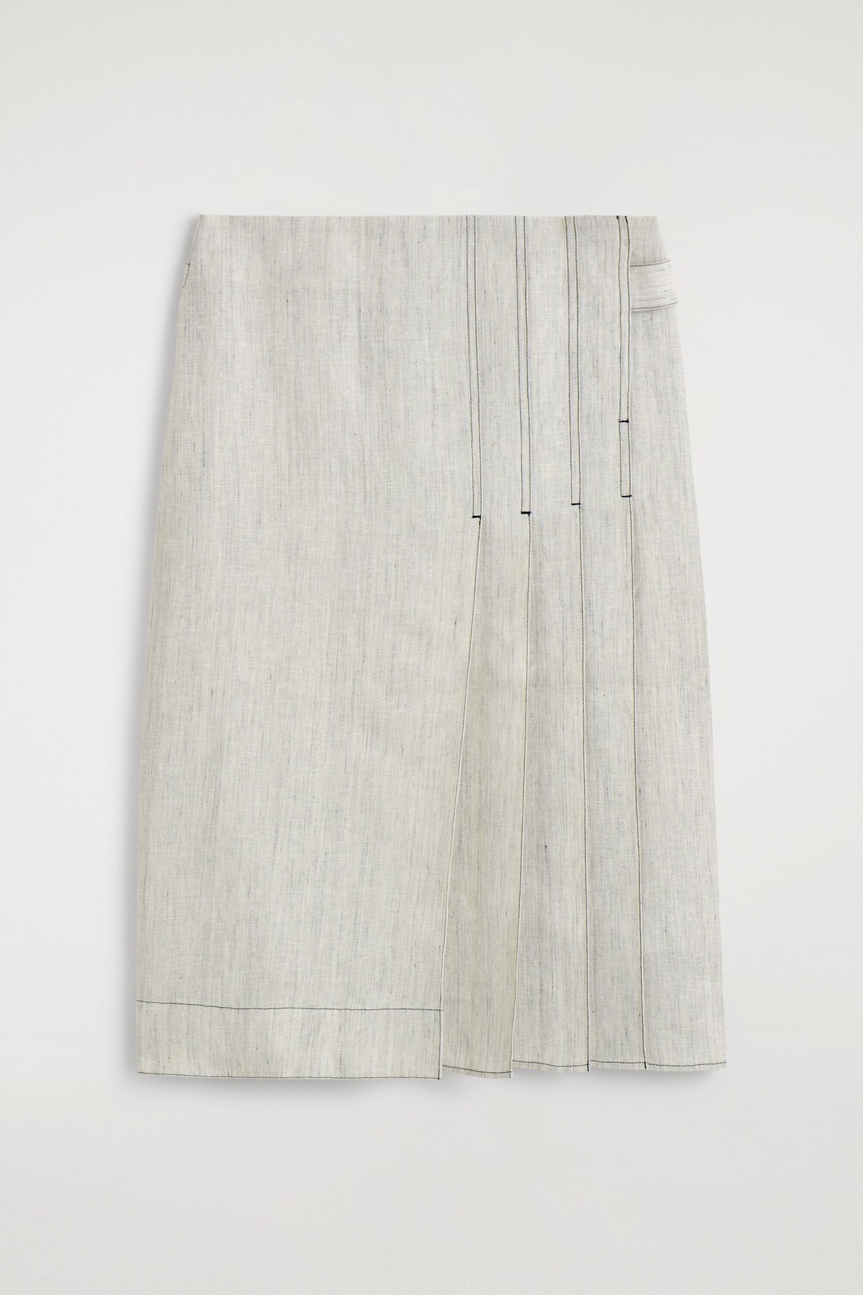 BELTED PLEATED LINEN MIDI SKIRT — LIGHT GRAY
