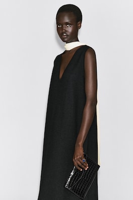 BOILED WOOL-BLEND V-NECK MIDI DRESS — BLACK 3