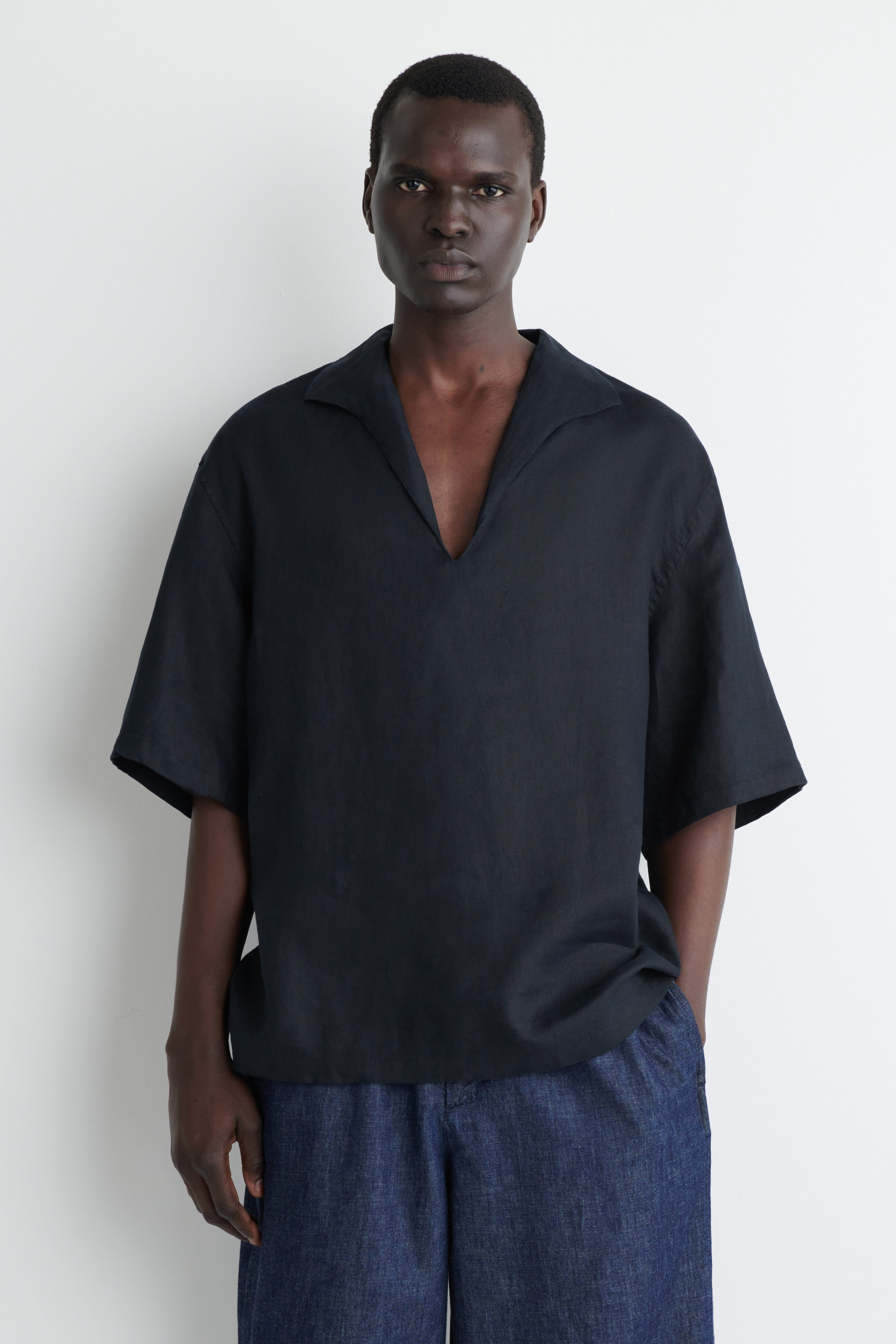 ★22-23FW★KNITTED★Open Collar Over Fit Linen Shirt 5e2a27174bba05f285868ea6553351