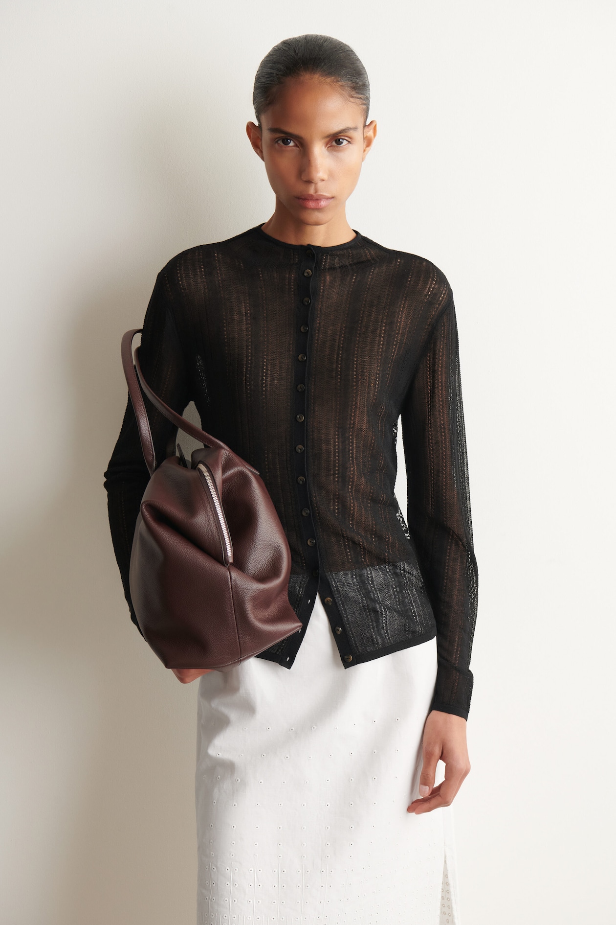 DIAMOND KNIT LACE CARDIGAN — BLACK