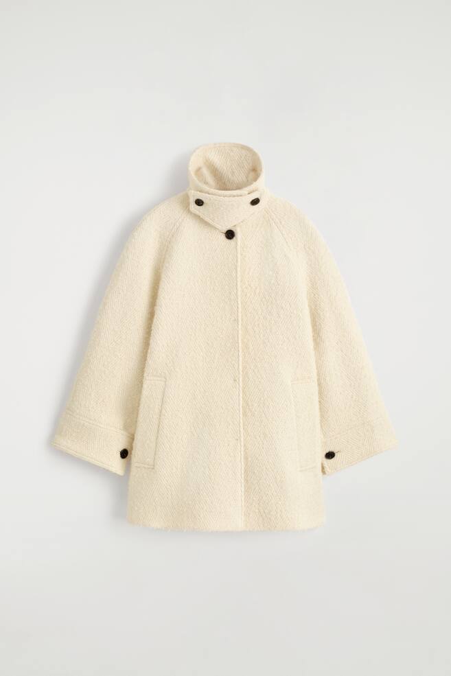 FUNNEL-NECK WOOL-HERRINGBONE SHORT COAT - CREAM - 1