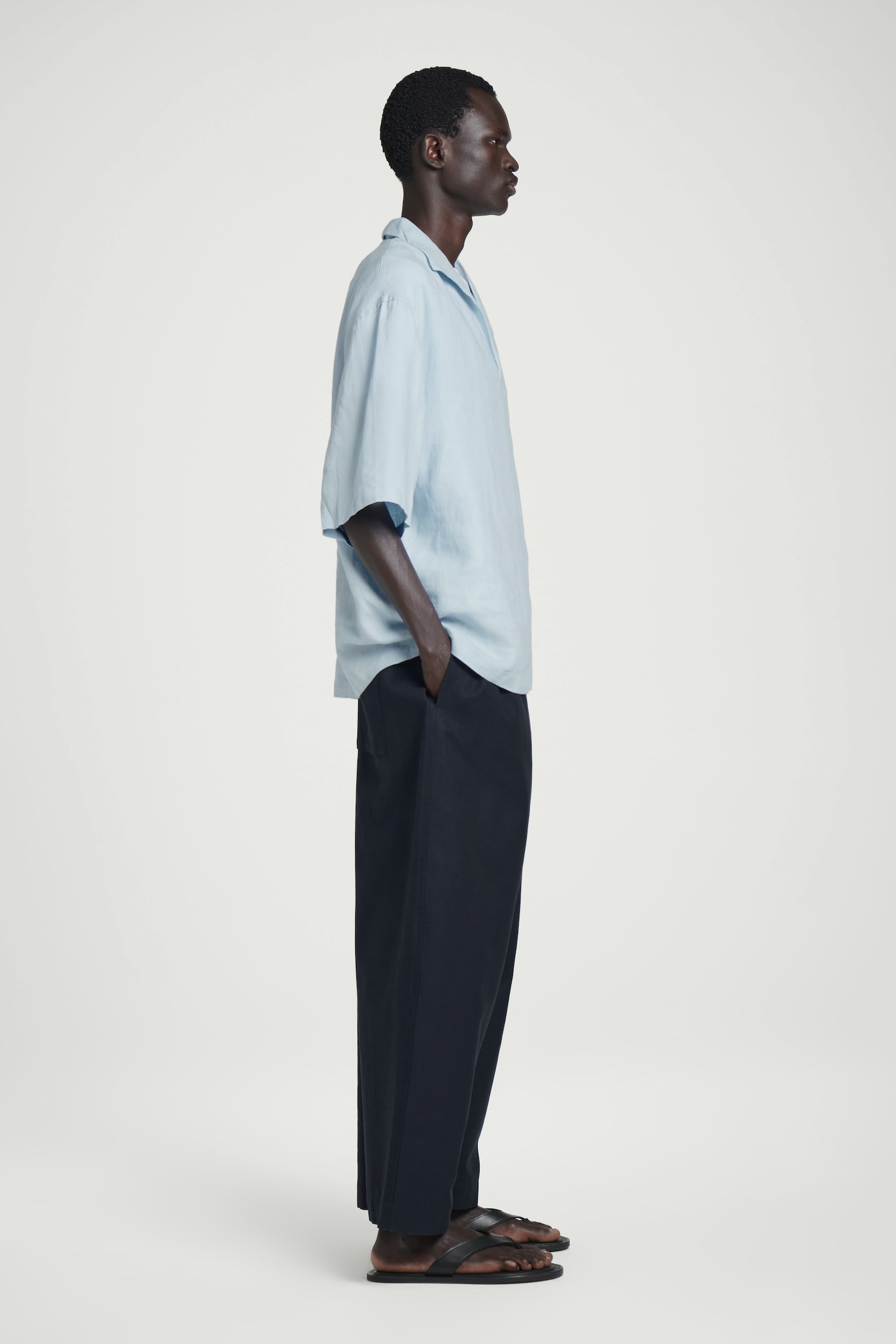 CHEMISE EN LIN À COL OUVERT - BLEU CIEL/BLEU MARINE - 6