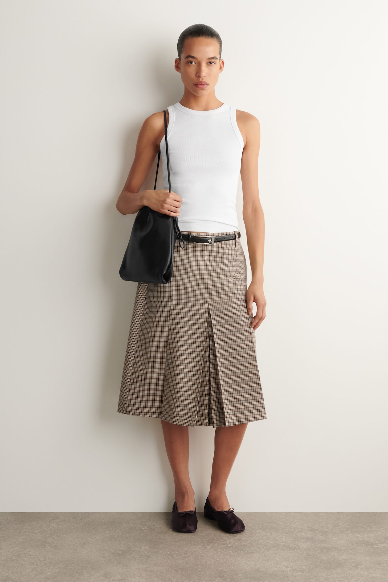 BOX-PLEAT WOOL MIDI SKIRT — BEIGE / CHECKED