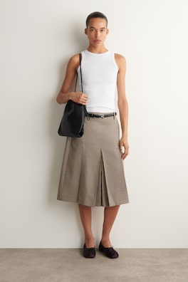 BOX-PLEAT WOOL MIDI SKIRT — BEIGE / CHECKED 1