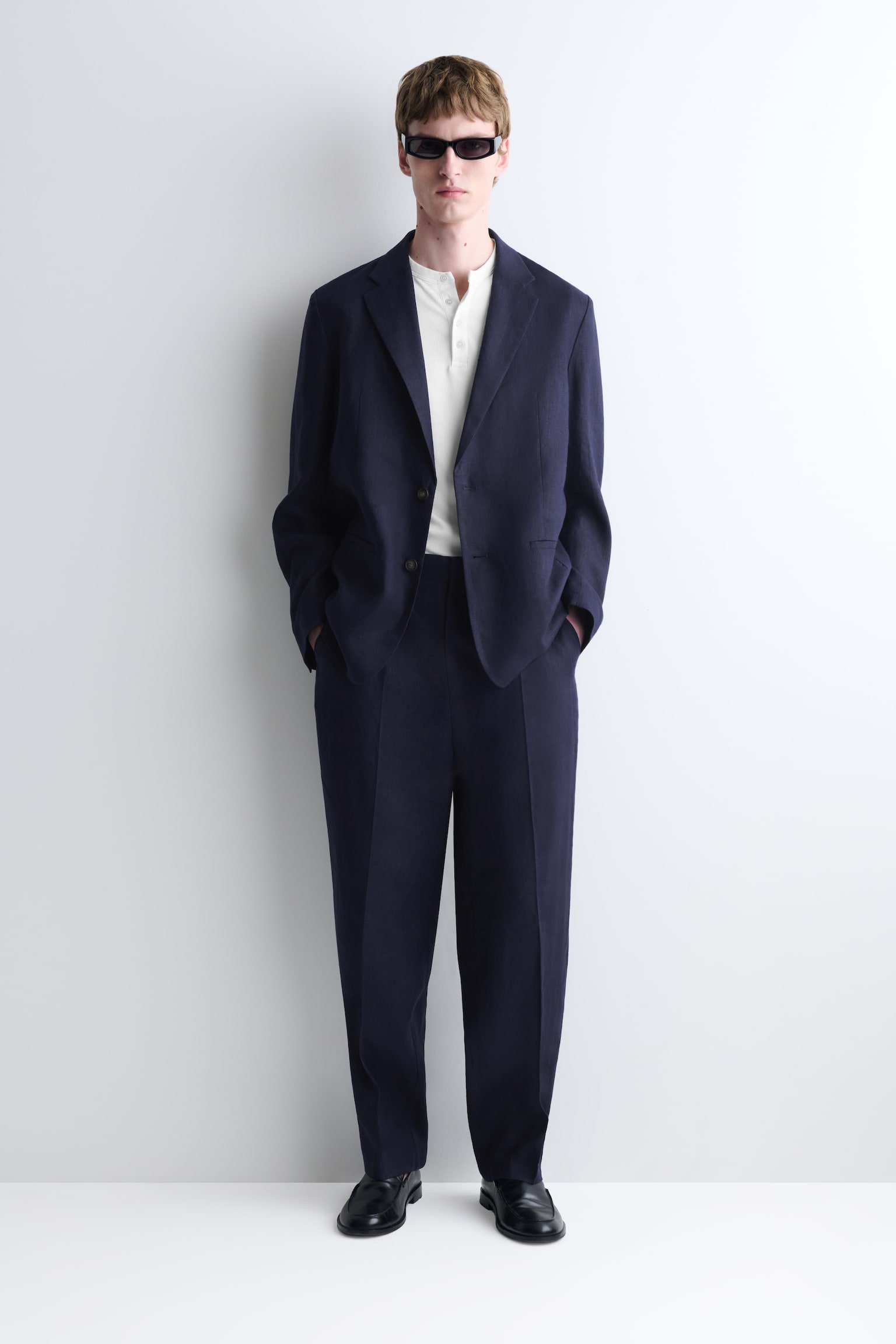 PANTALON FUSELÉ DÉCONTRACTÉ EN LIN - BLEU MARINE/VERT CLAIR - 1
