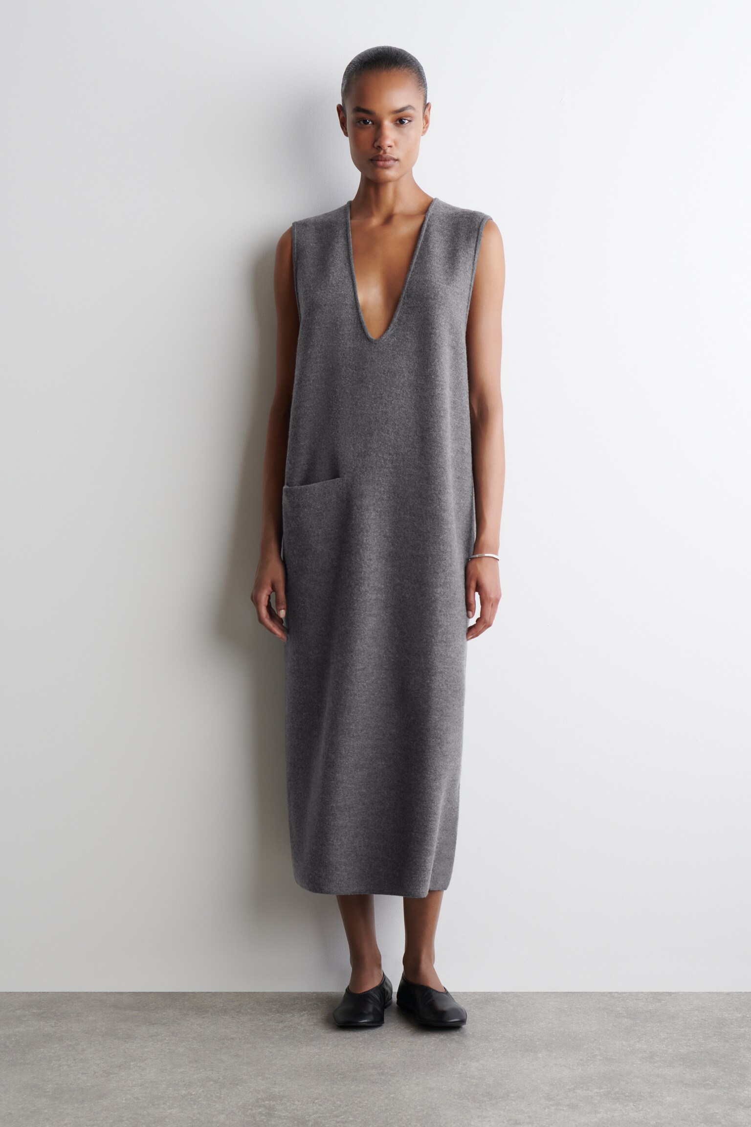 BOILED-WOOL MIDI DRESS - GREY MÉLANGE/DARK BROWN
