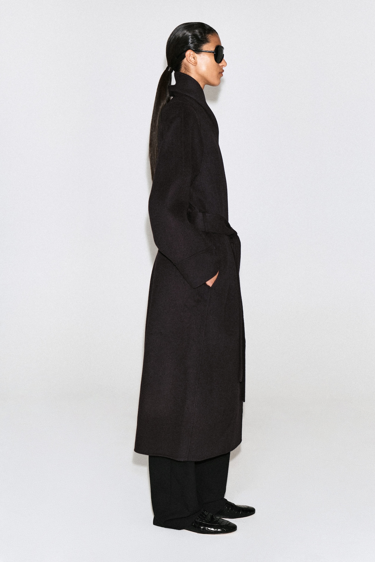 SHAWL-COLLAR DOUBLE-FACED WOOL LONG COAT — DARK BROWN